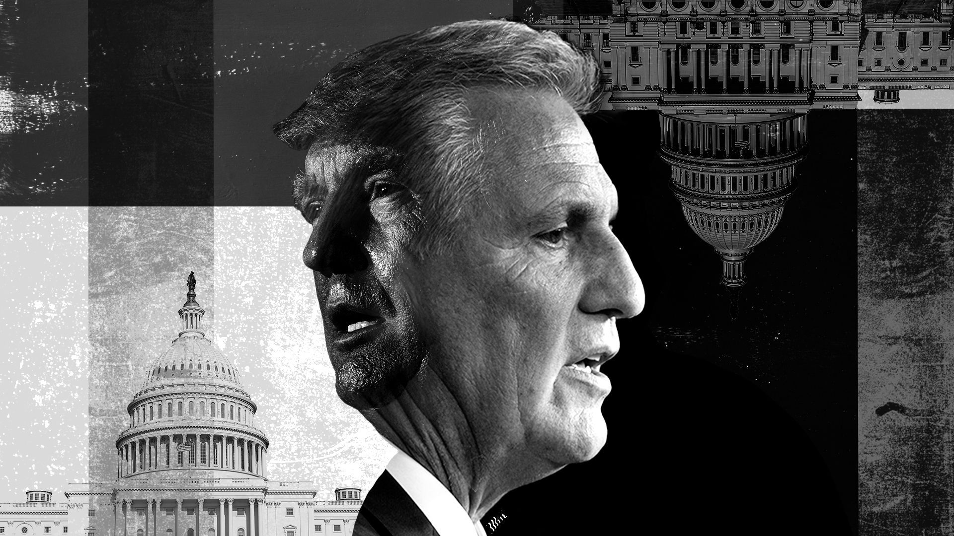 Photo illustration of a collage of Donald Trump, Kevin McCarthy and the US Capitol.