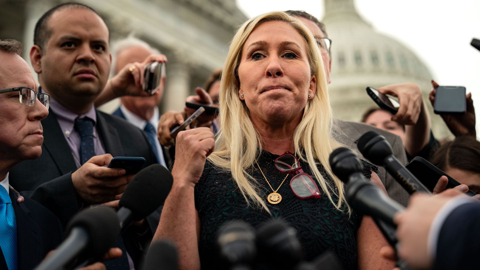 Rep. Marjorie Taylor Greene (R-GA) speaks to members of the press on the steps of the House of Representatives at the U.S. Capitol on May 8, 2024 in Washington, DC. (Photo by Kent Nishimura/Getty Images)