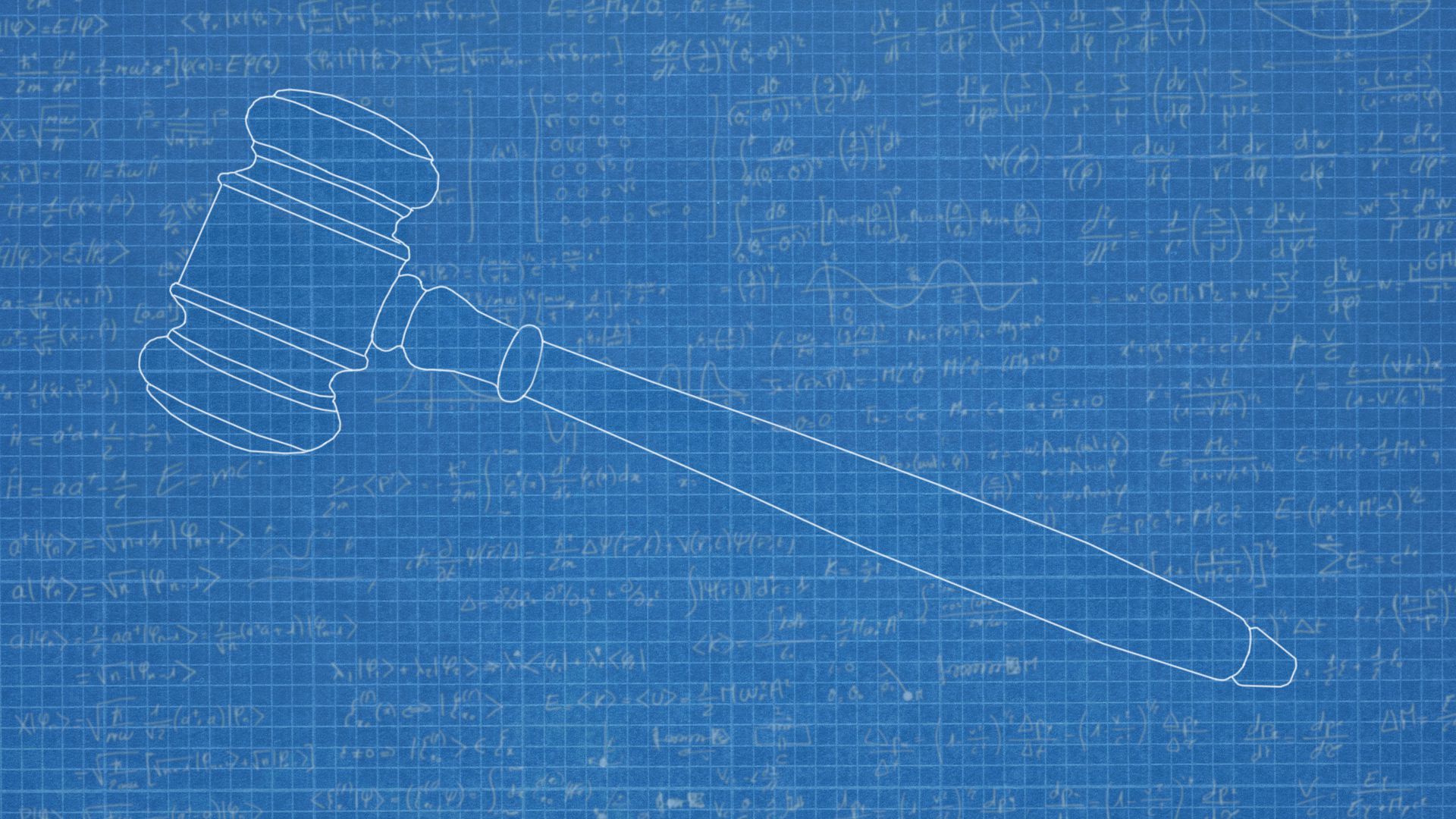 Illustration of a blueprint of a gavel surrounded by formulas. 