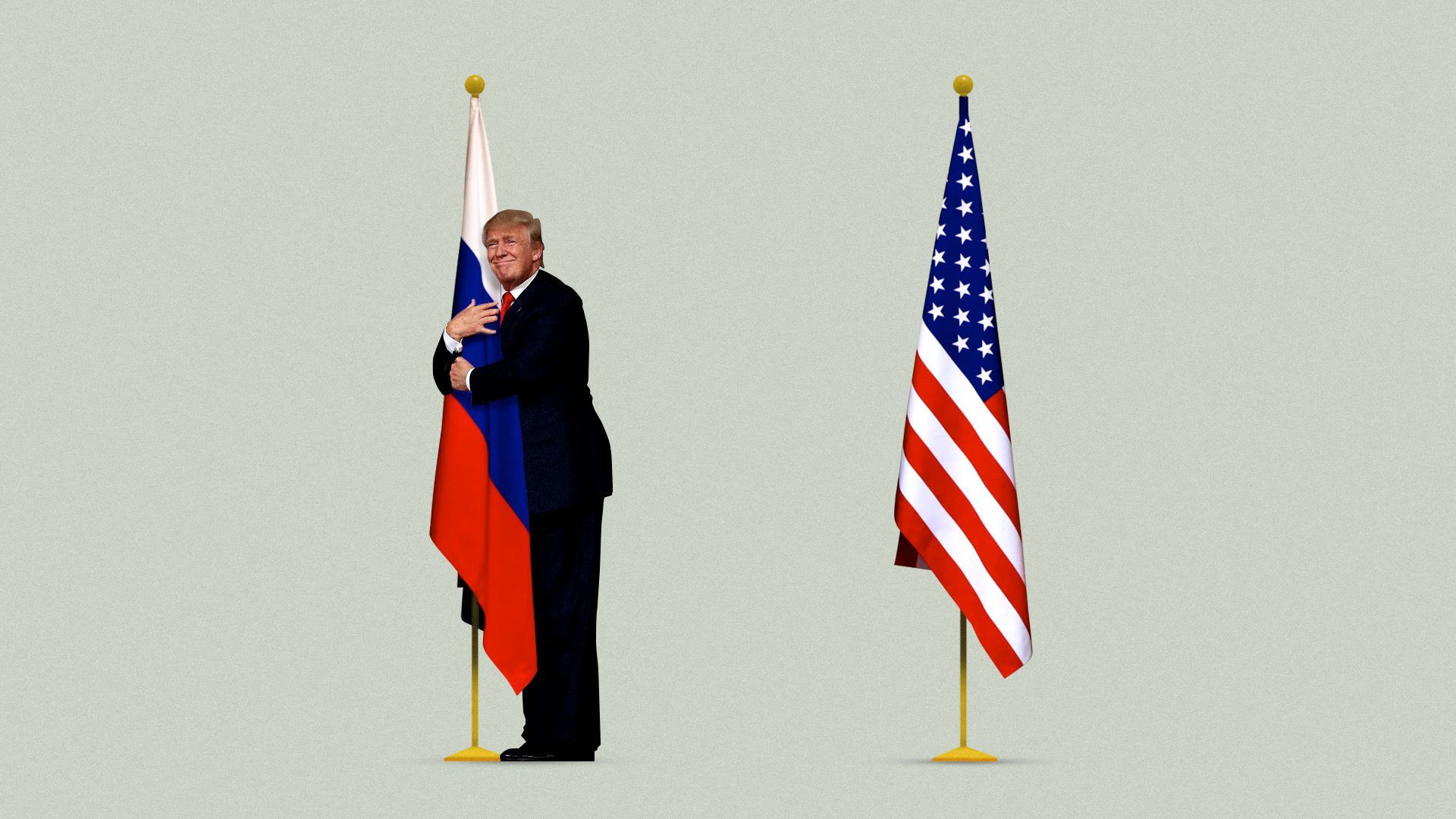 Illustration of Trump hugging a Russian flag while an American flag stands behind him