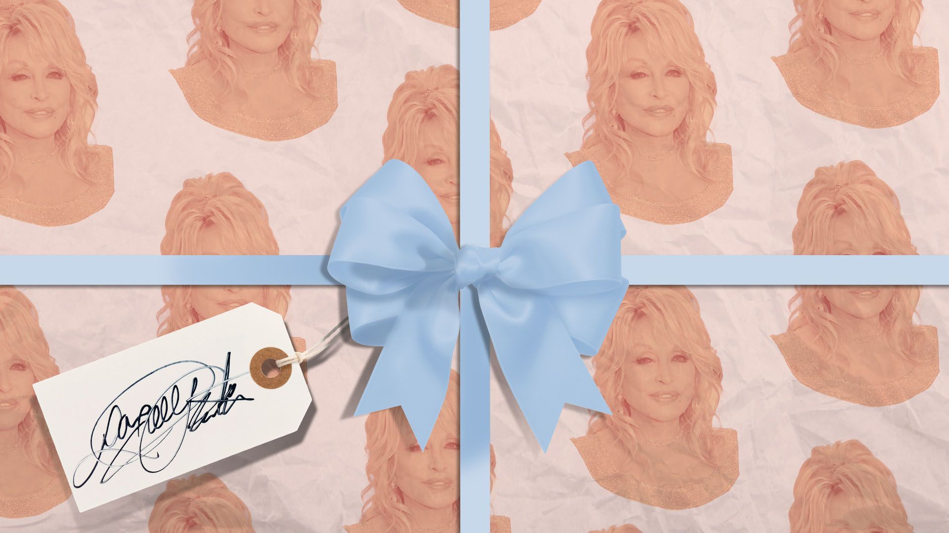 Photo illustration of Dolly Parton wrapping paper on a gift with a notecard attached