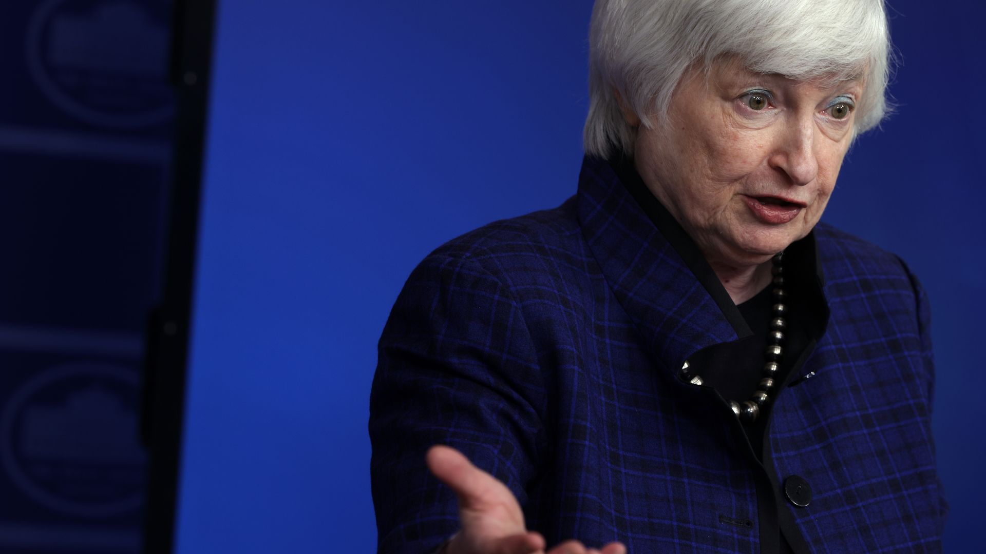 Treasury Secretary Janet Yellen is seen addressing reporters at the White House.