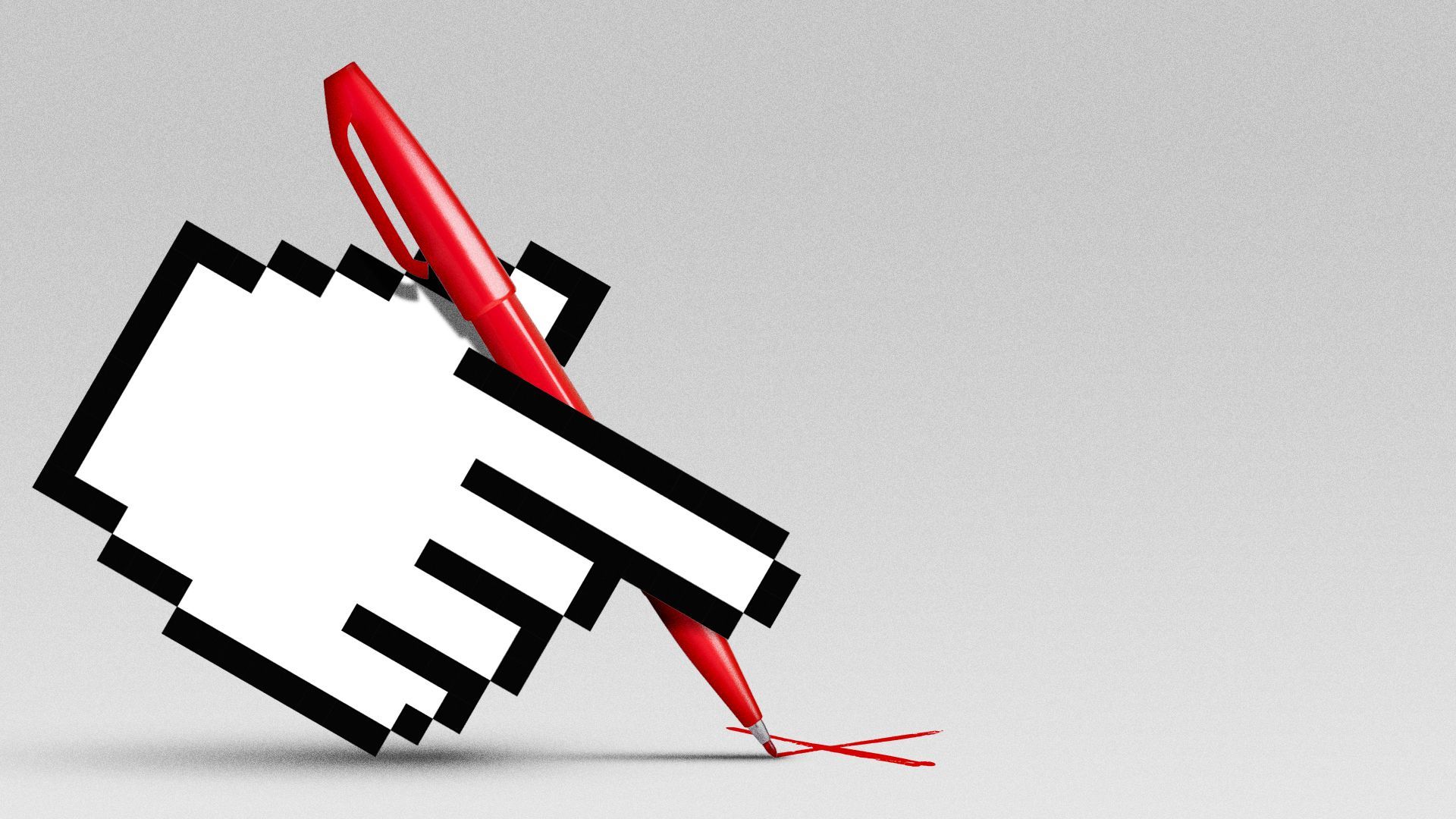 Illustration of a cursor hand holding a red editing pen.