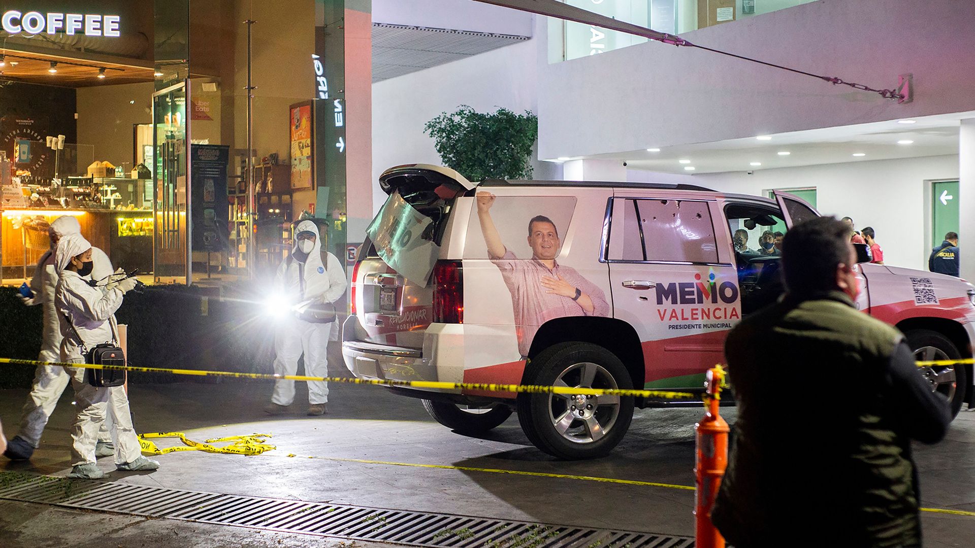 The bullet-riddled armored campaign car of Guillermo Valencia, who is running for mayor of Morelia, Michoacán. 