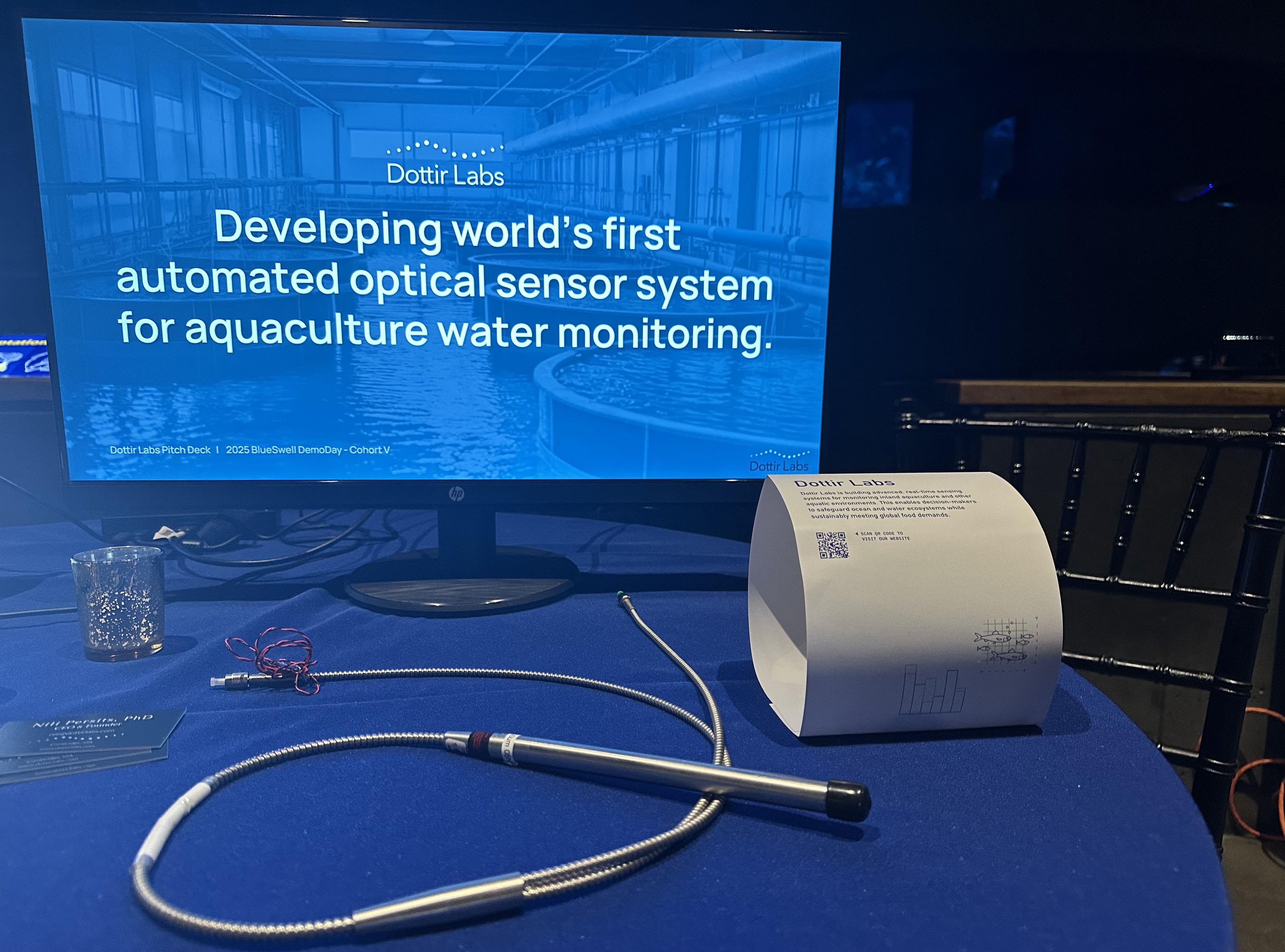 A replica of a sensor created by Dottir Labs that can monitor farm-raised seafood.