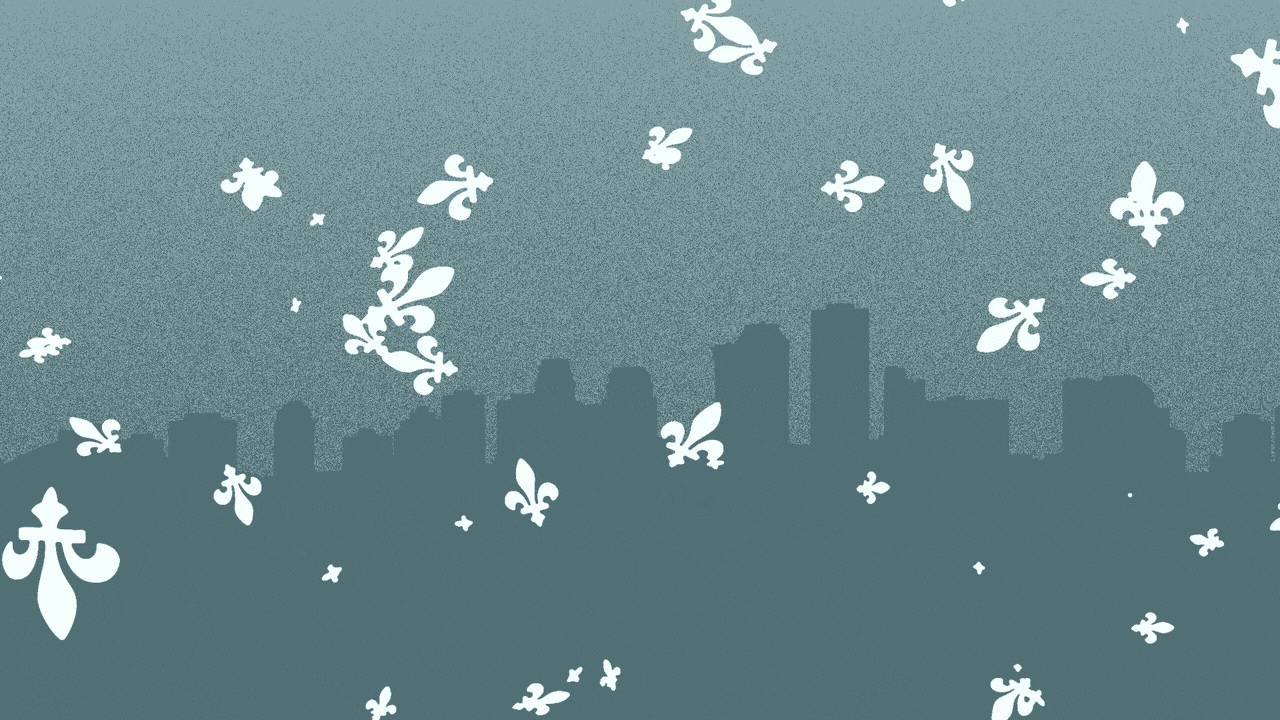 Animated illustration of the New Orleans skyline with snowflakes in the shape of fleur de lys falling on it.