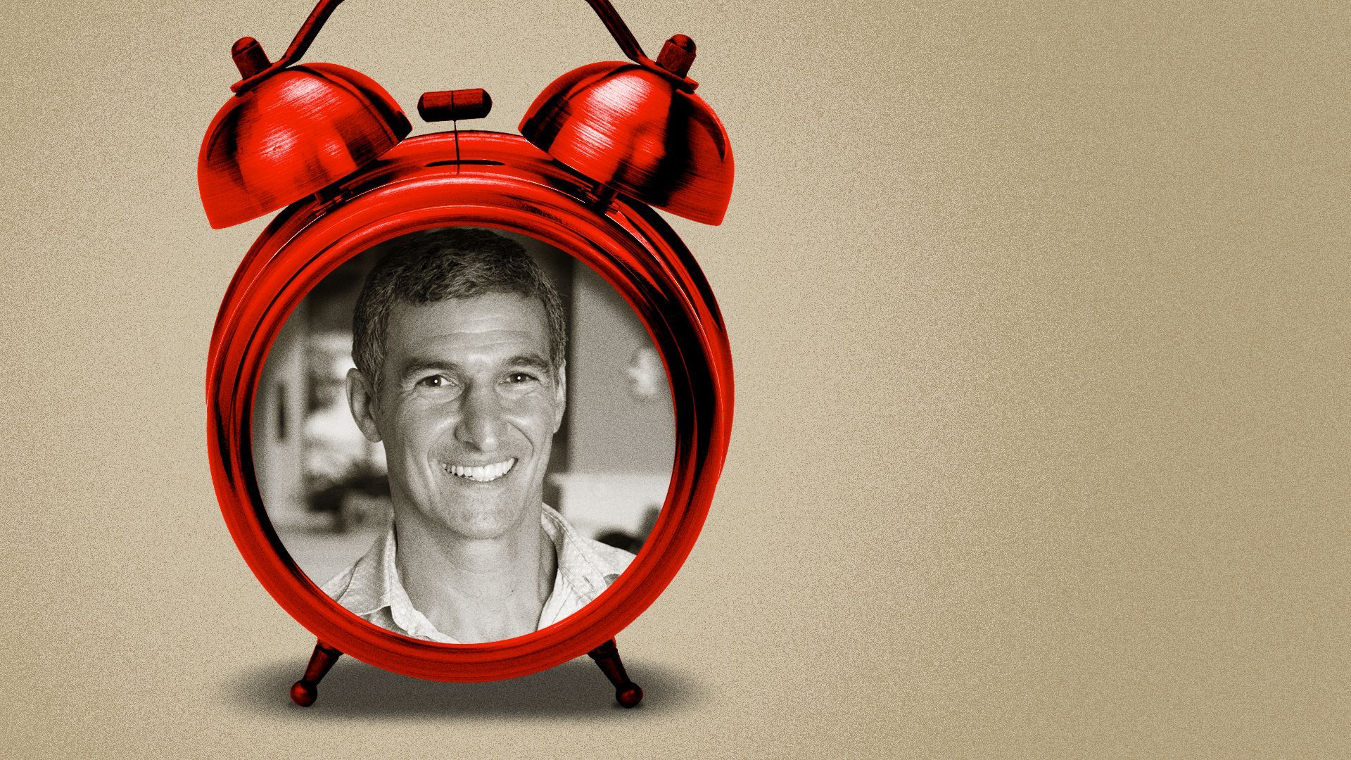 Photo illustration collage of Seth Goldman inside a red alarm clock.