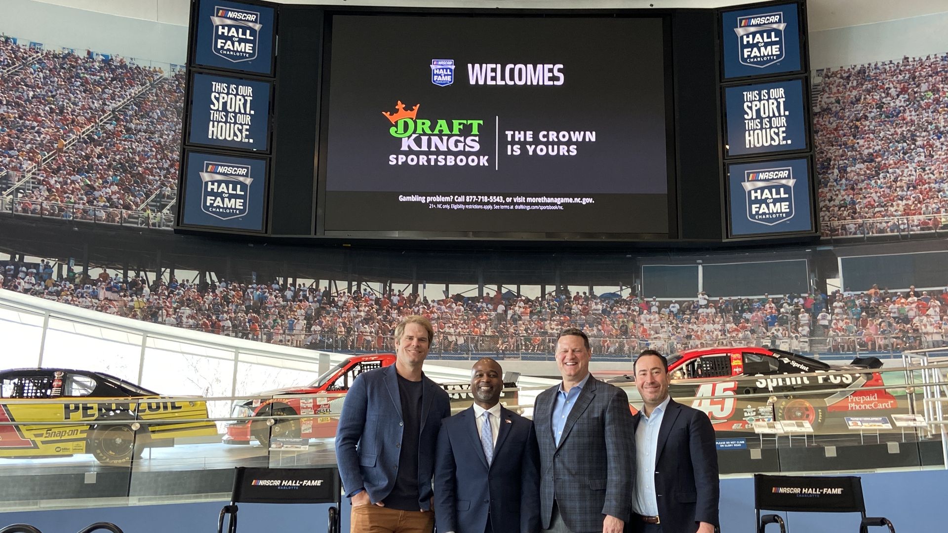 (Left to right) Greg Olsen, N.C. Rep. Zack Hawkins, NASCAR COO Steve D'Donnell and DraftKings chief commercial officer Jeremy Elbaum at NASCAR Hall of Fame. Photo: Ashley MahoneyAxios