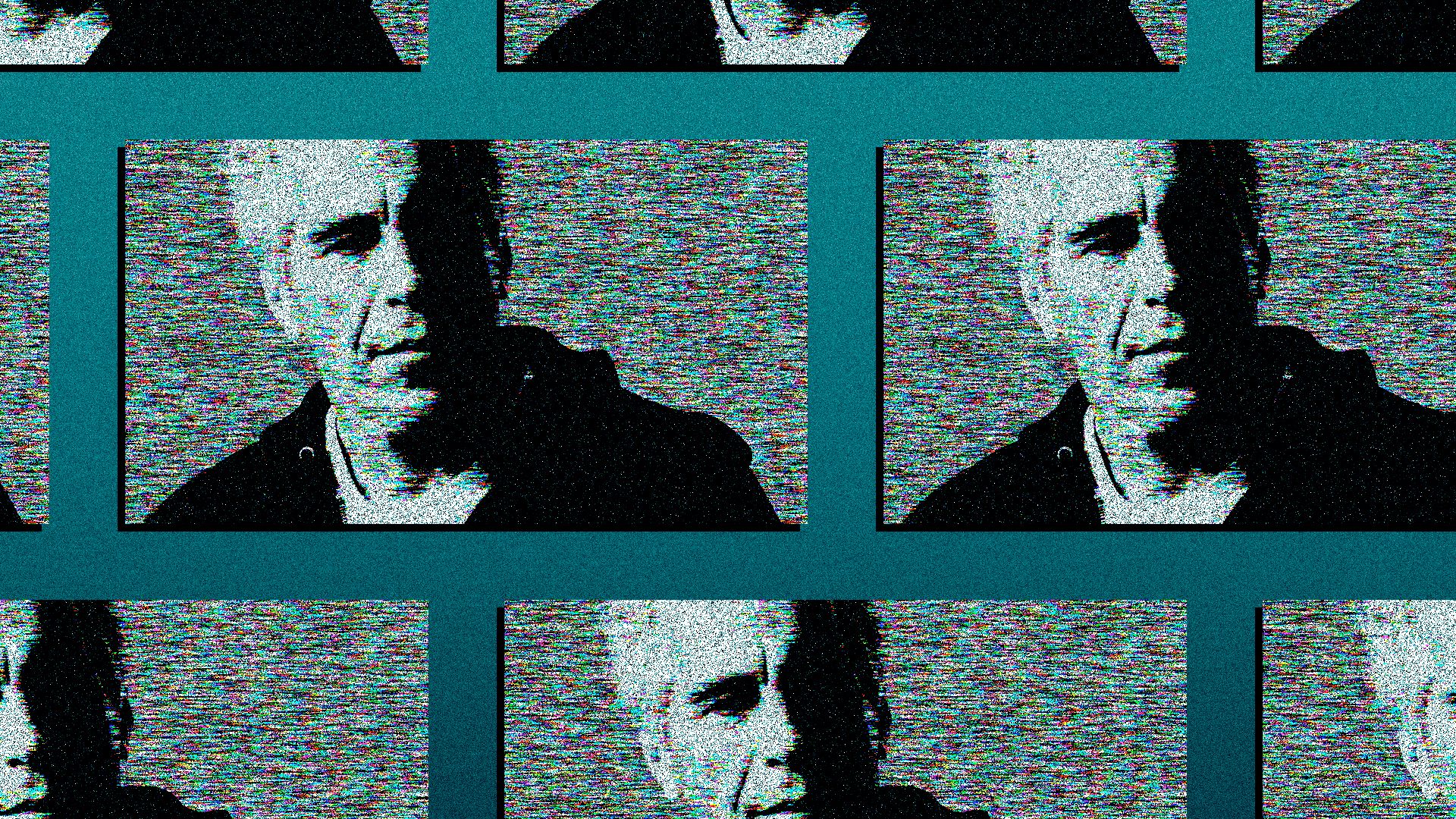 Photo illustration of a repeated pattern of screen shapes featuring the image of Jeffrey Epstein, which has been distorted by TV static.