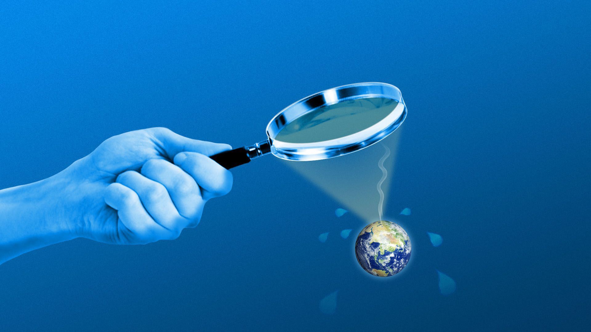 Illustration of a hand holding a magnifying glass over a tiny earth, burning it.