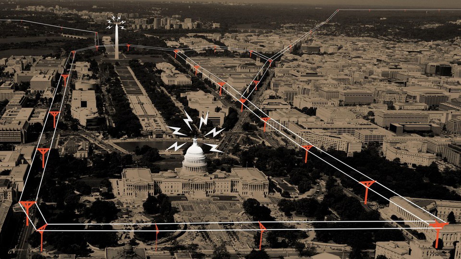 A photo of Washington, DC with telephone wires strung around the National Mall