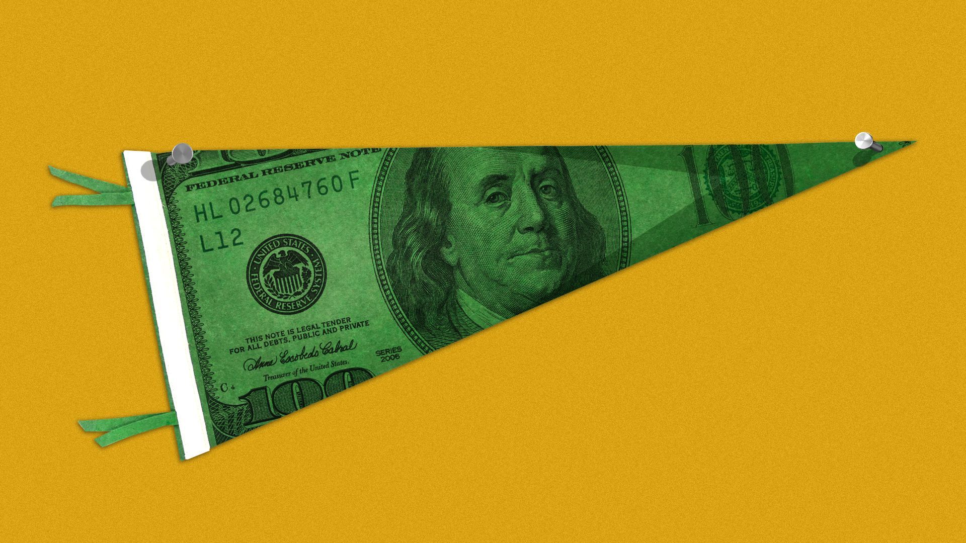 Illustration of a pennant made out of a hundred dollar bill.