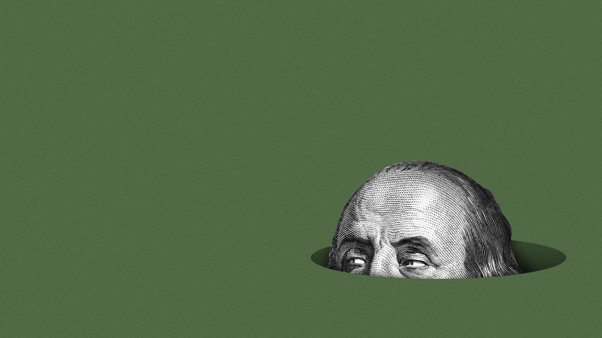 Illustration of Benjamin Franklin peering out of a hole, ready to strike.
