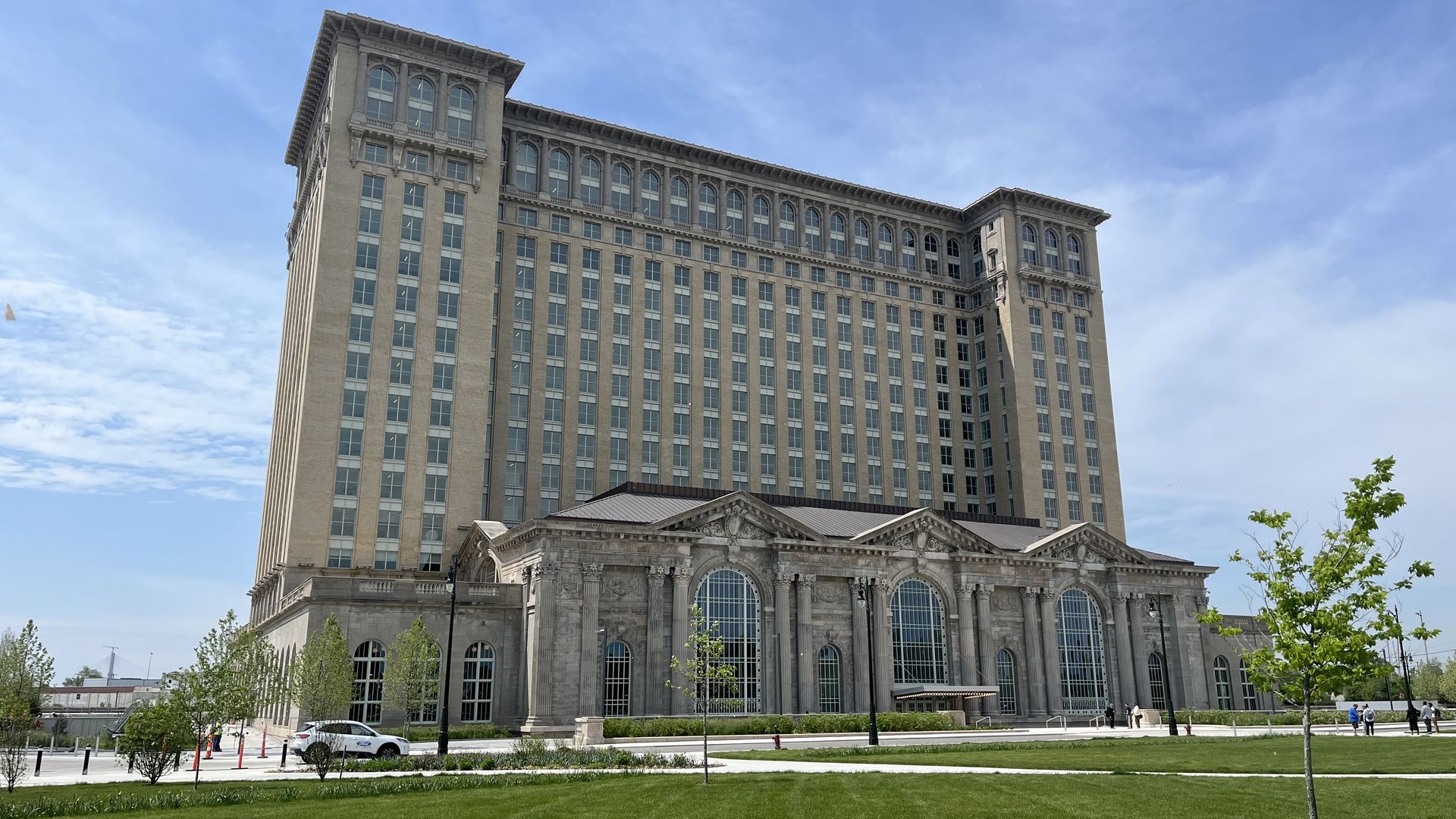Detroit's Michigan Central Station, shown from the outside in May 2024.