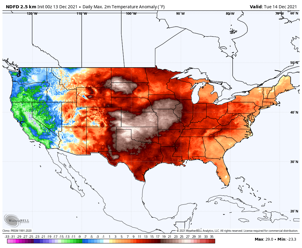 Forecast temperature departures from average for the daily high temperature on Dec. 14, 2021 from the NWS. (Weatherbell.com)