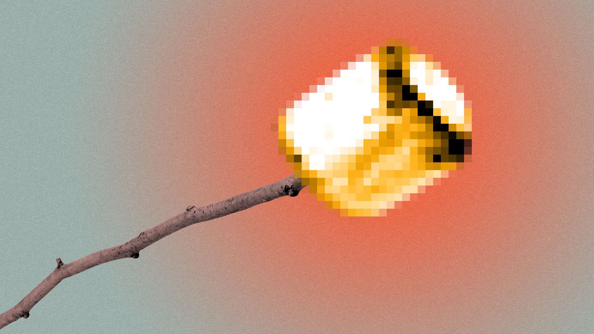 Illustration of a pixelated marshmallow roasting on a stick.
