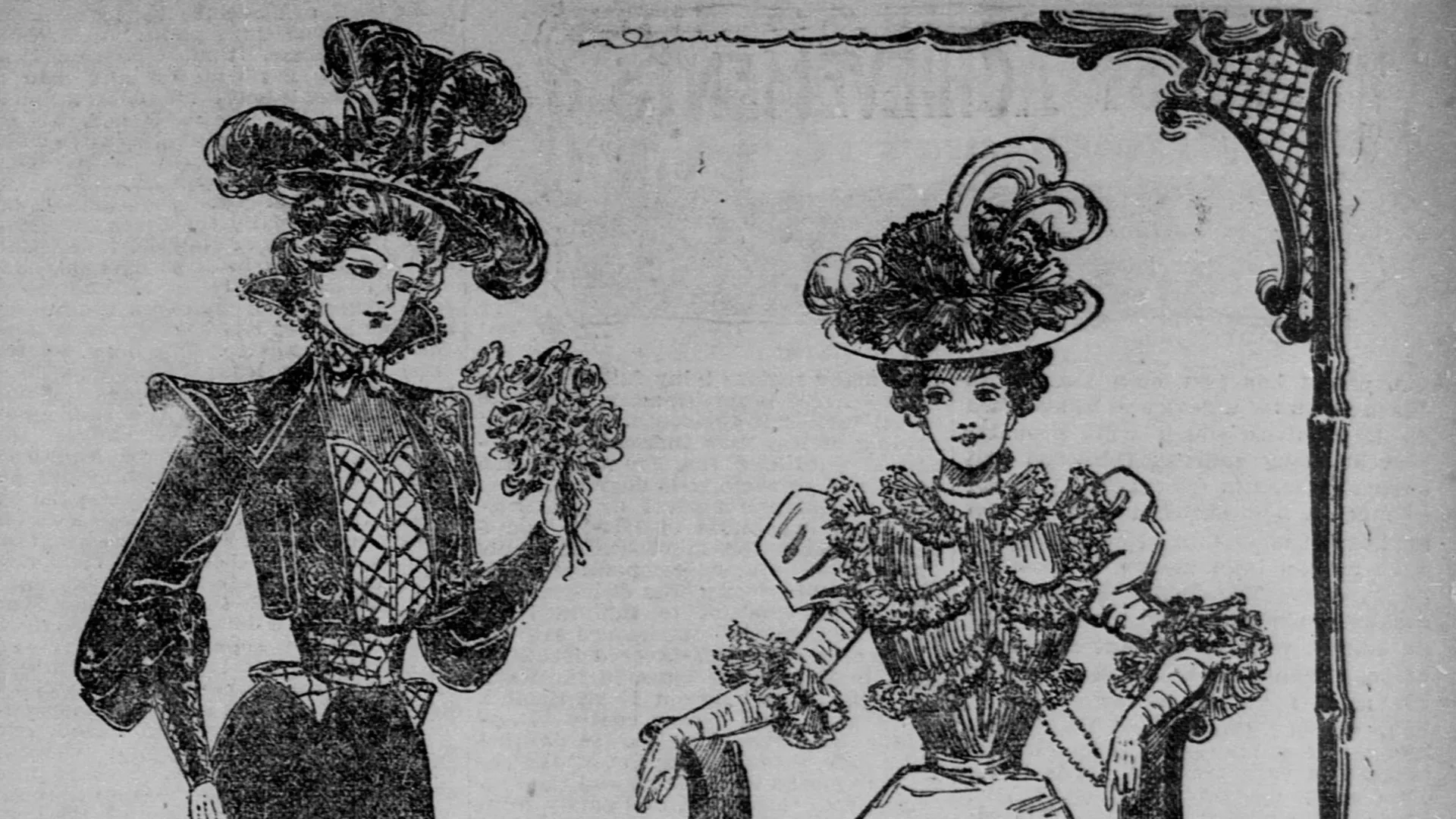 An 1896 newspaper illustration of two women wearing decorative clothes and hats. 