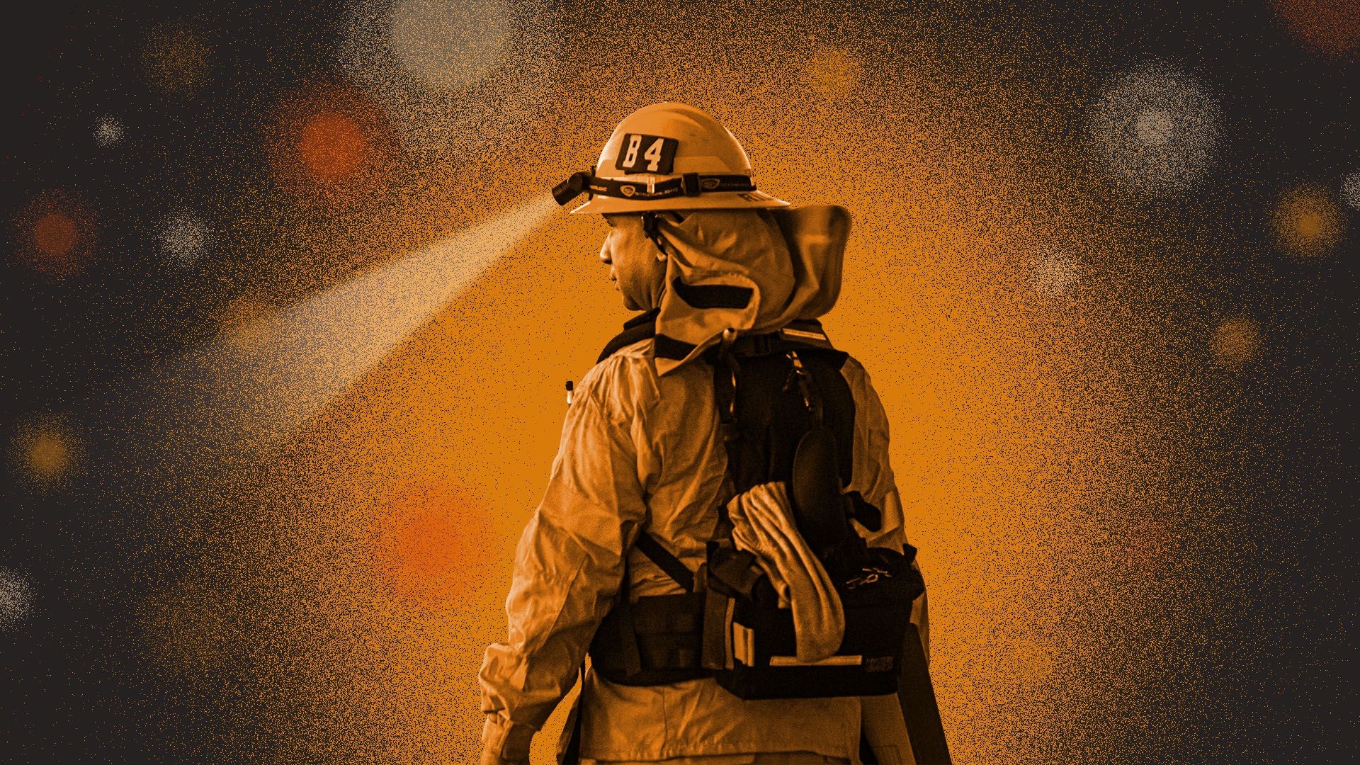 Illustration of a firefighter with his back to the viewer surrounded by lights and embers 