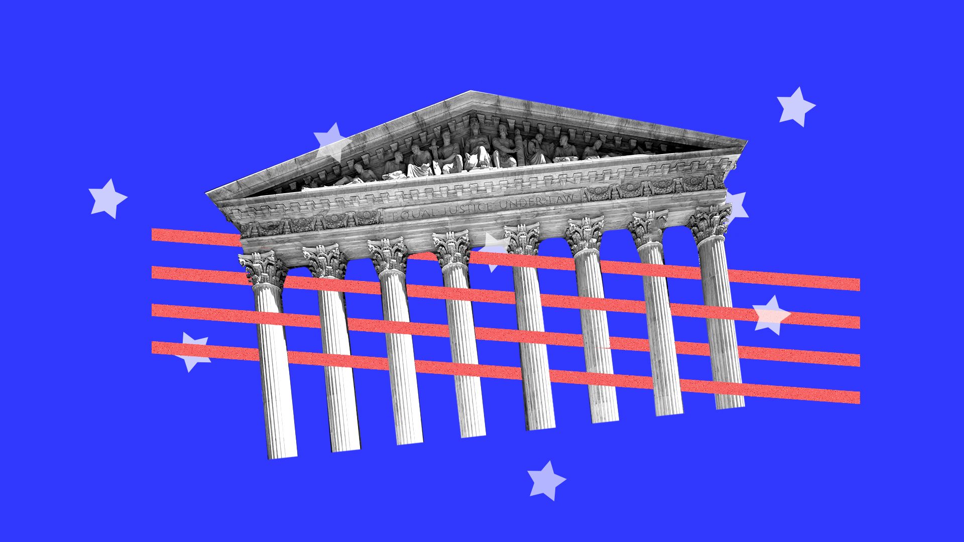 Illustration of the supreme court intertwined with elements from an American flag 
