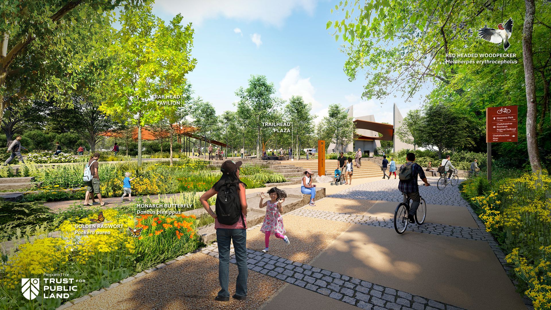 A rendering of people in a tree-filled park near a trailhead plaza filled with public art