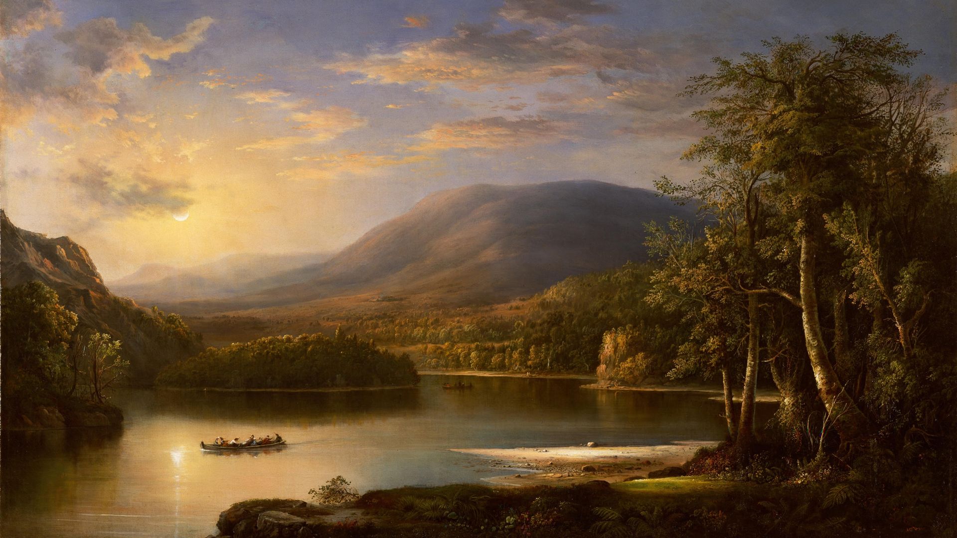 A landscape painting with hills and a body of water.