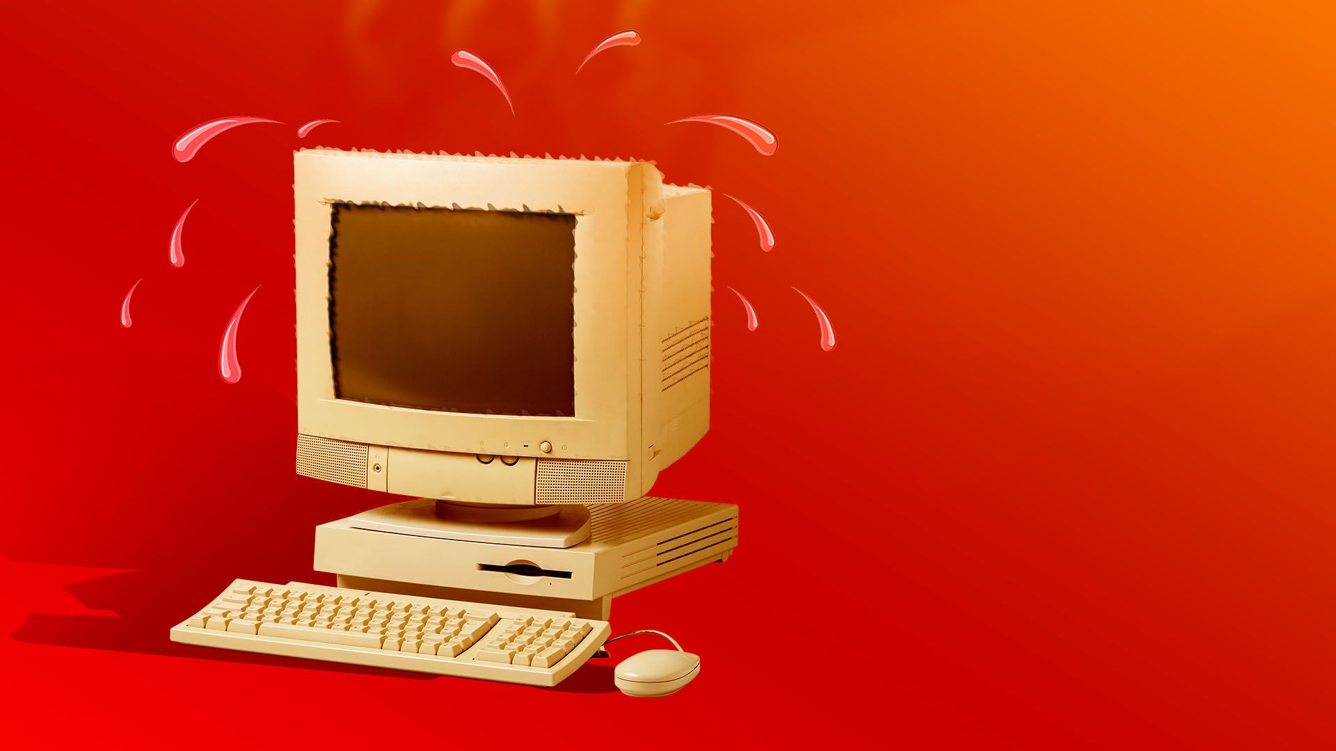 Illustration of desktop computer sweating in extreme heat