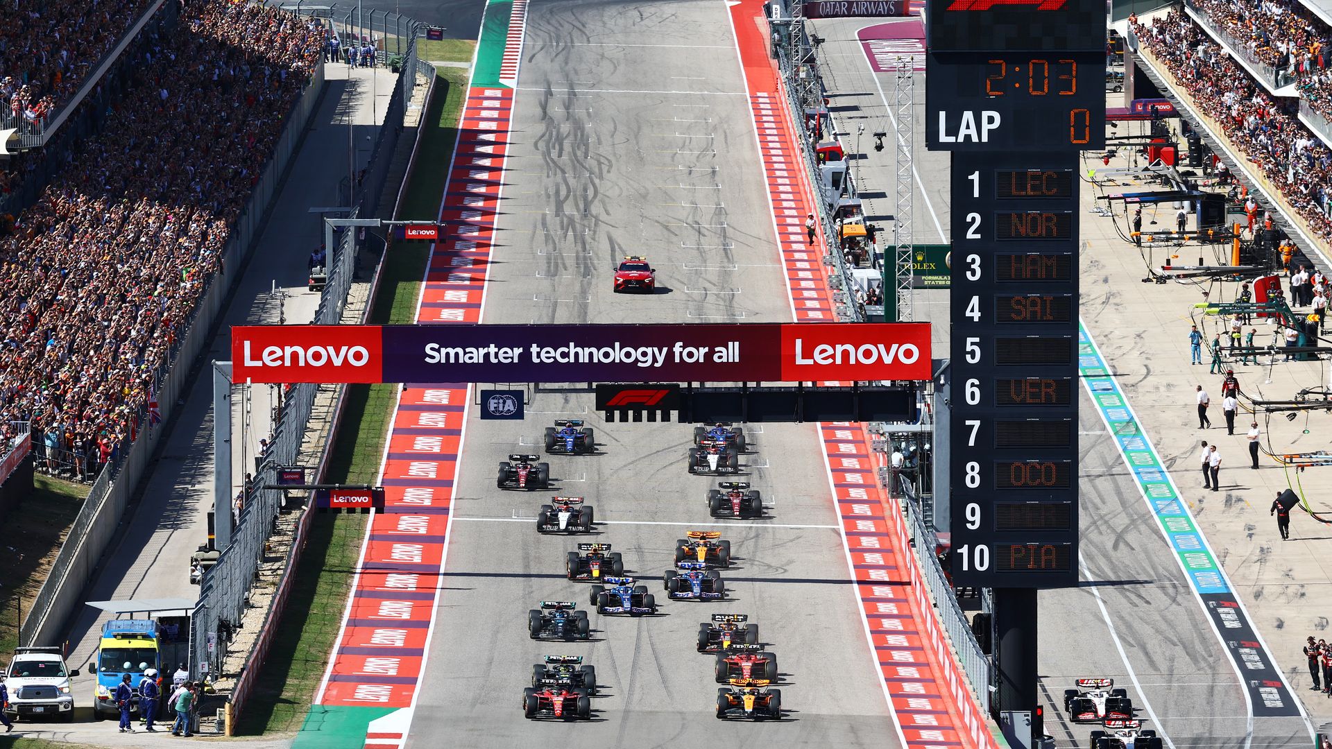 A photo of race cars on a track with crowds on either side