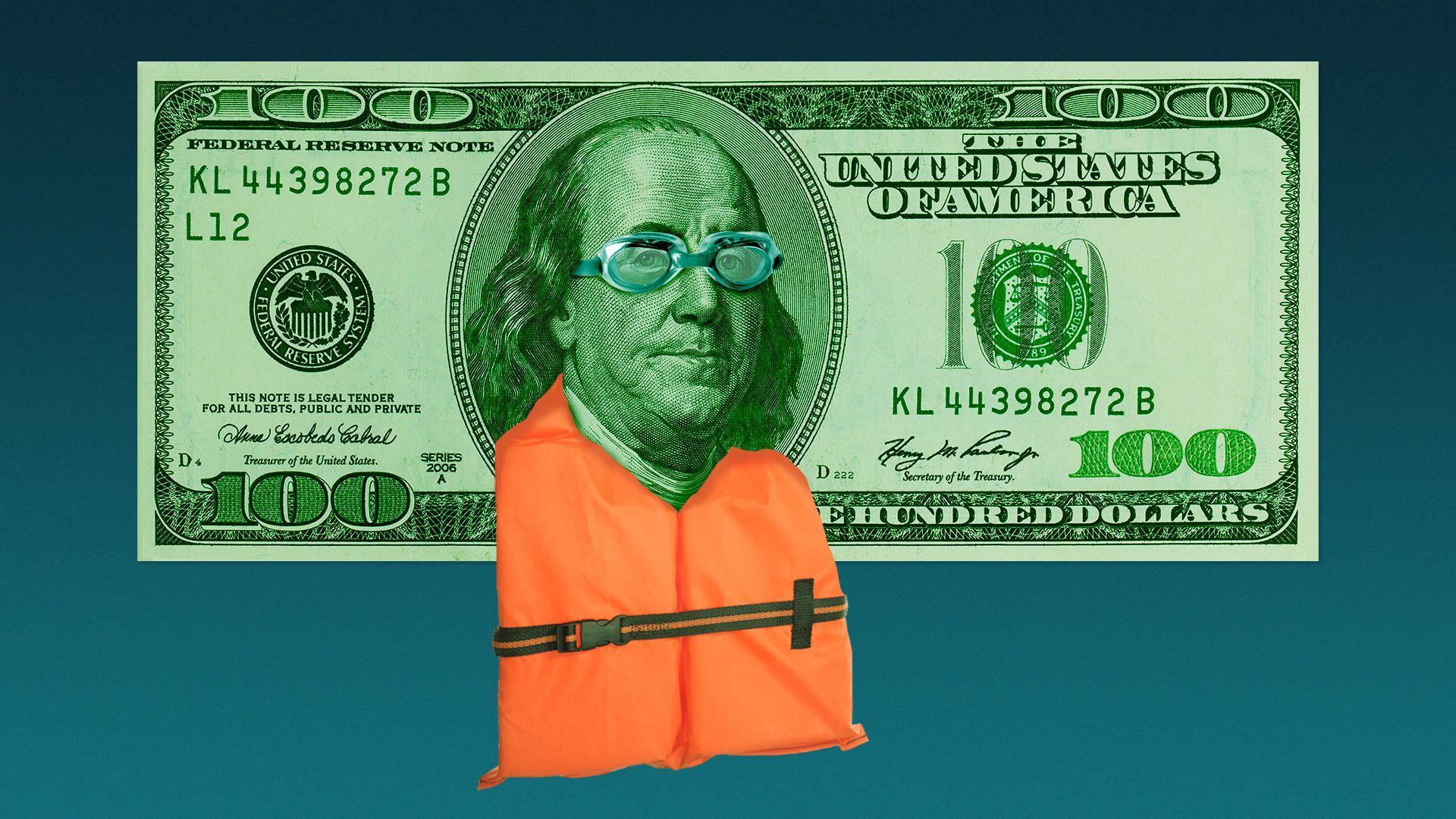 Illustration of a $100 bill with Benjamin Franklin wearing a life jacket.