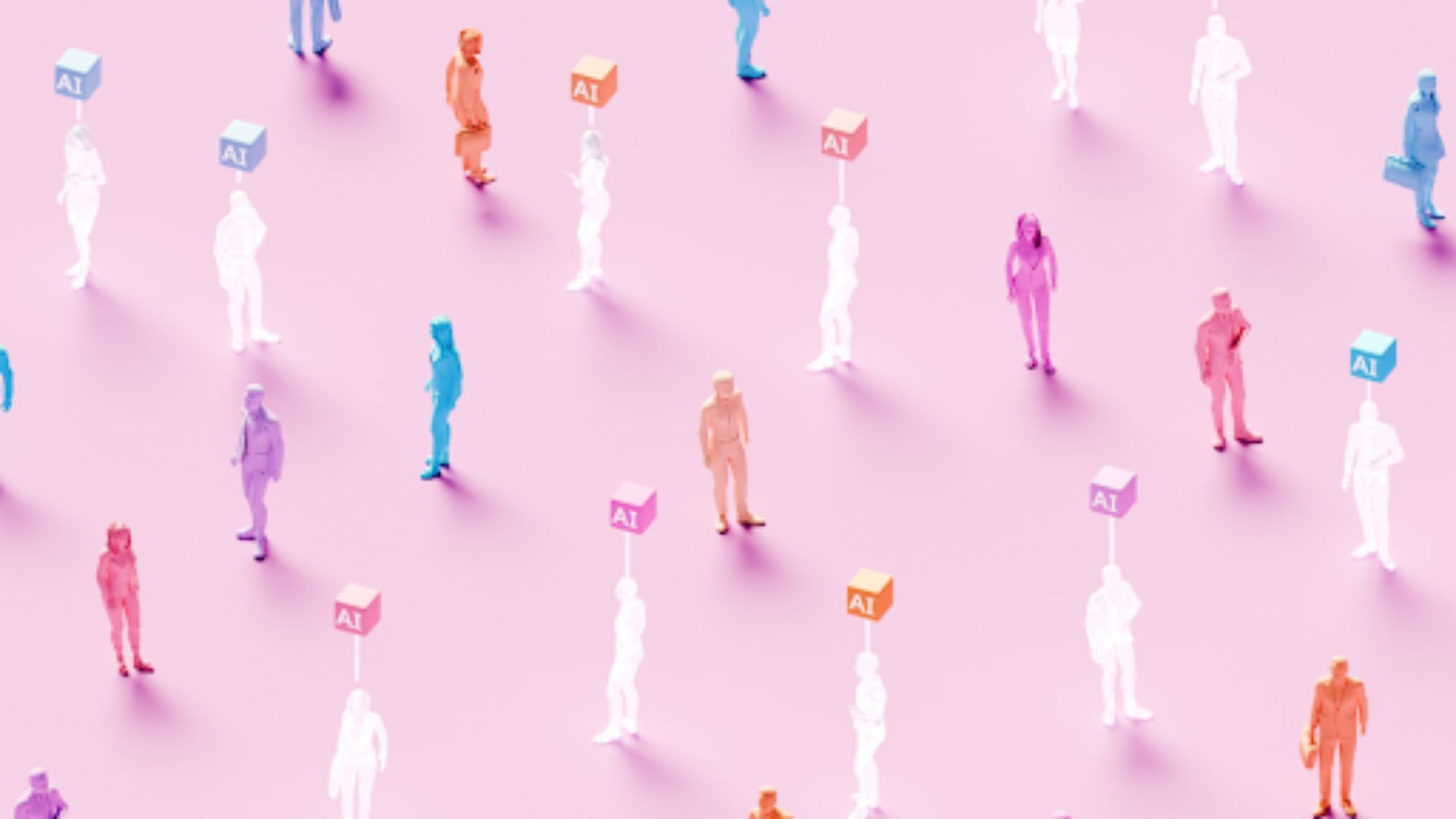 Numerous small pastel-colored human silhouettes stand spaced across a pink surface, each near a tiny cube labeled AI on a stick, creating a stylized tech crowd.