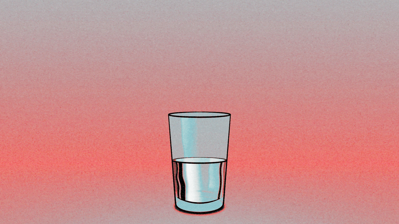 Animated illustration of a half-full/half-empty glass of water. A blue pitcher and a red pitcher move in from the left and right sides to fill it up.