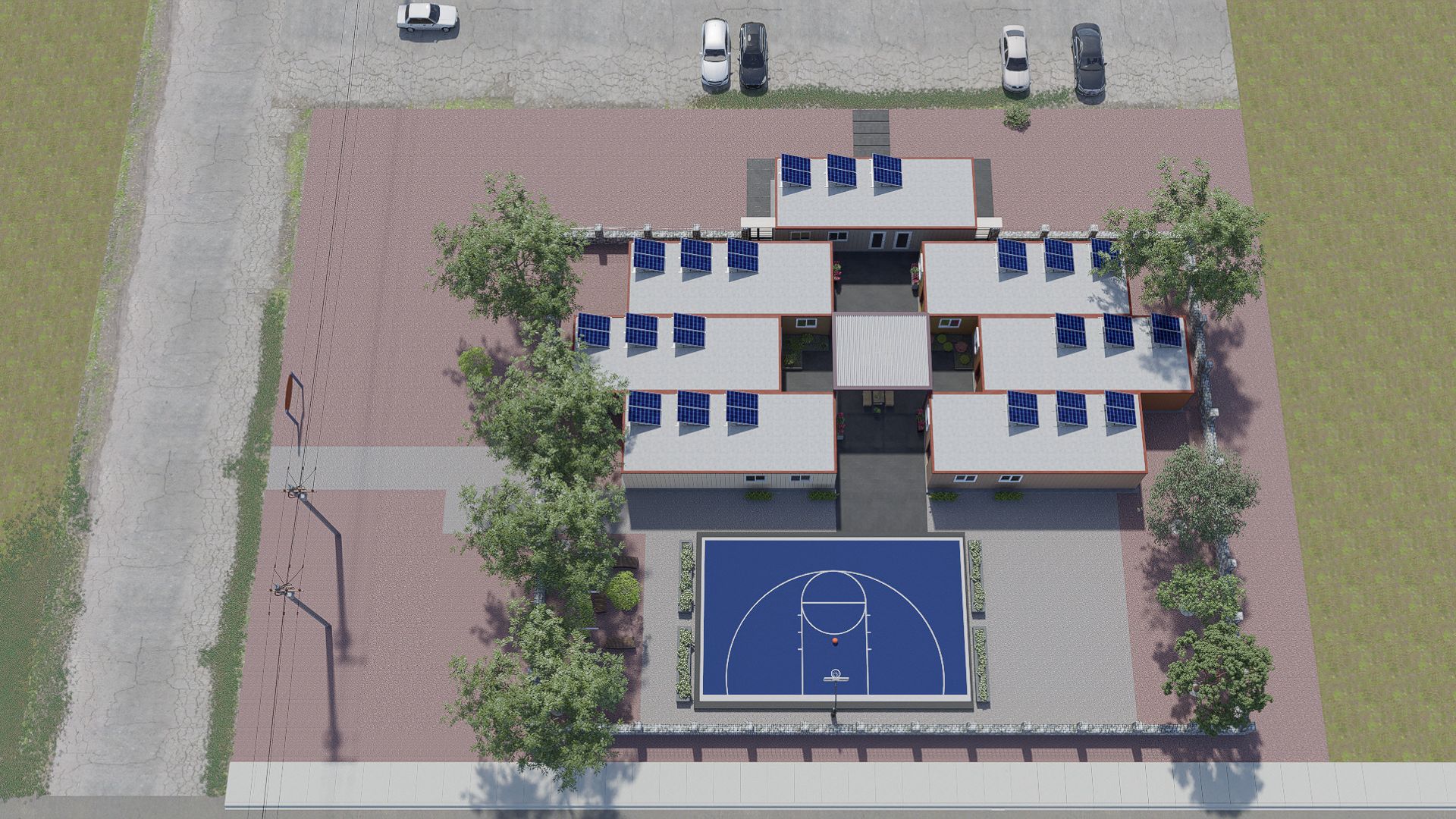 An artists rendering of an overhead view of an affordable housing complex comprised of seven shipping containers. 