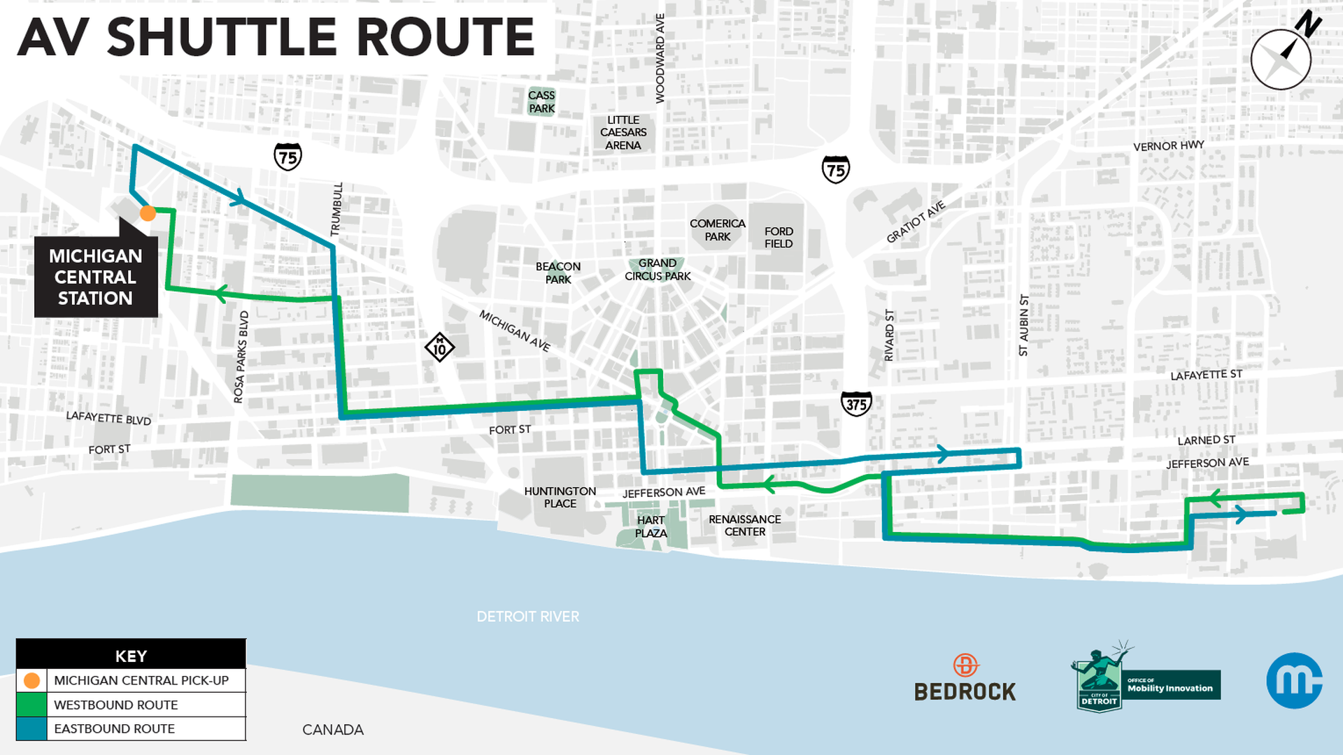 A map showing the 10.8-mile autonomous shuttle loop that the city and partners plan to pilot starting this summer.