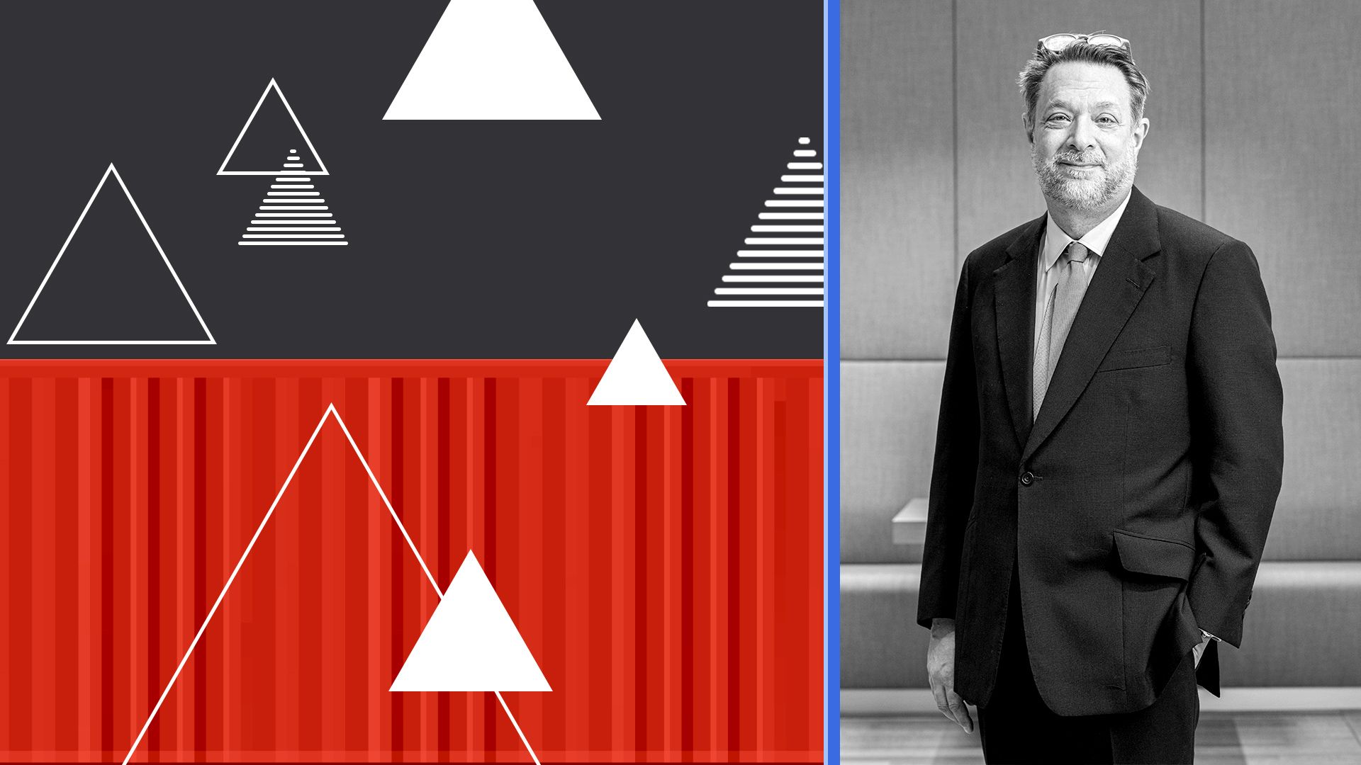 Photo illustration of Sandoz’ CEO Richard Saynor surrounded by abstract shipping container textures and triangles.