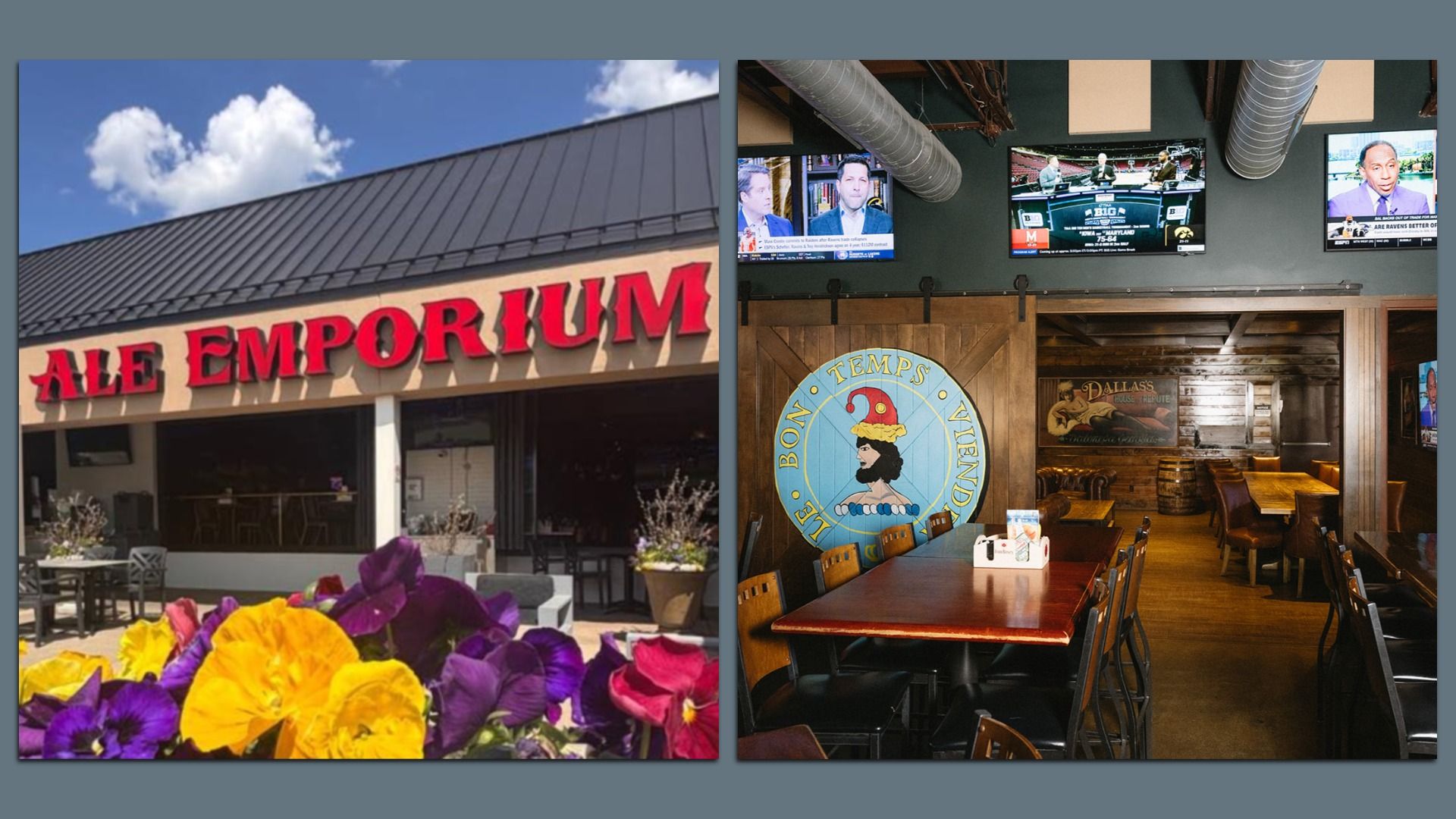 Two-panel image: left shows a beige storefront with a bold red "ALE EMPORIUM" sign, blue sky, and colorful flowers; right shows a wood-paneled bar/restaurant with TVs and a round mural.