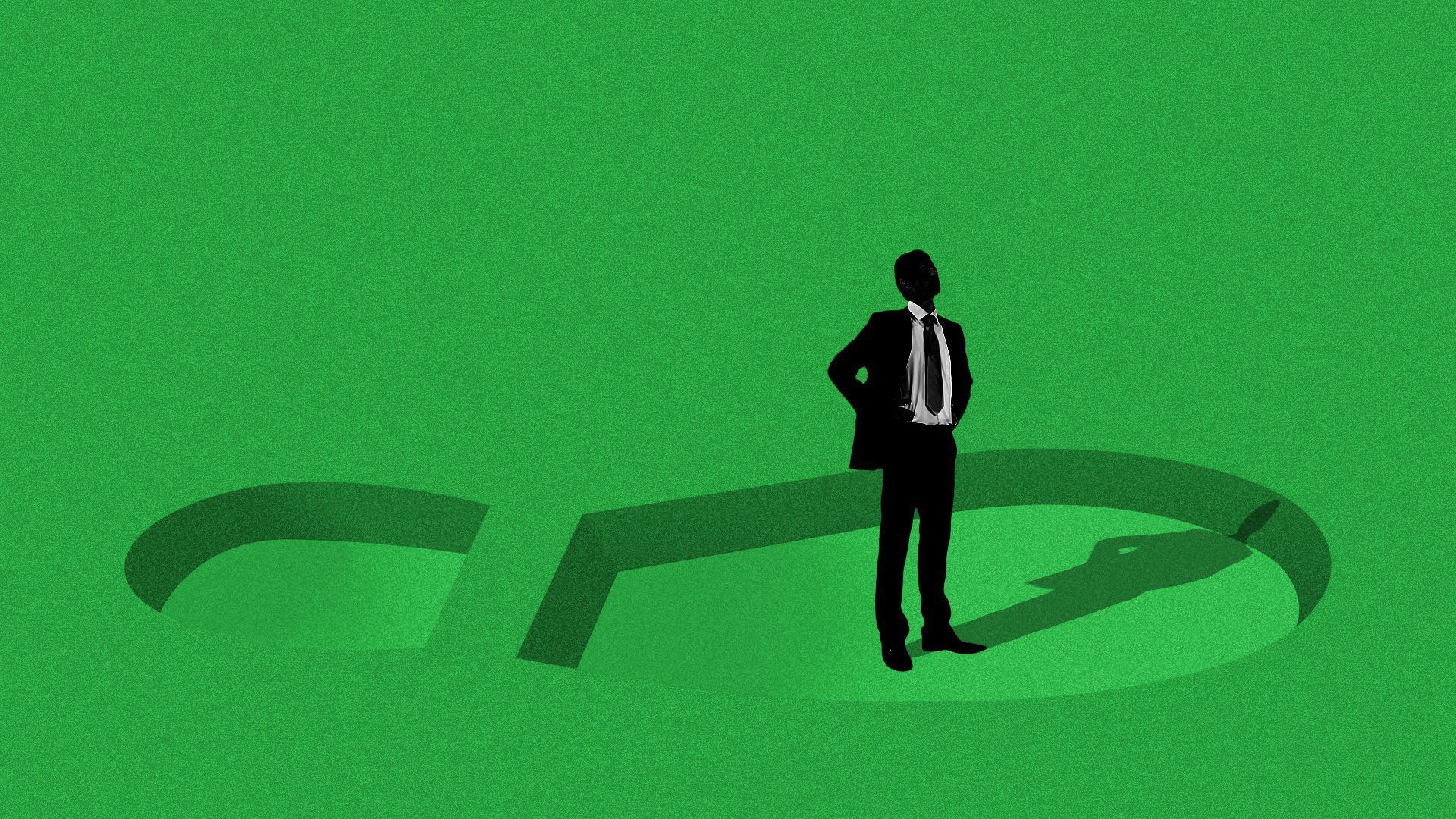 Illustration of a person standing in an imprint of a foot step, looking up.