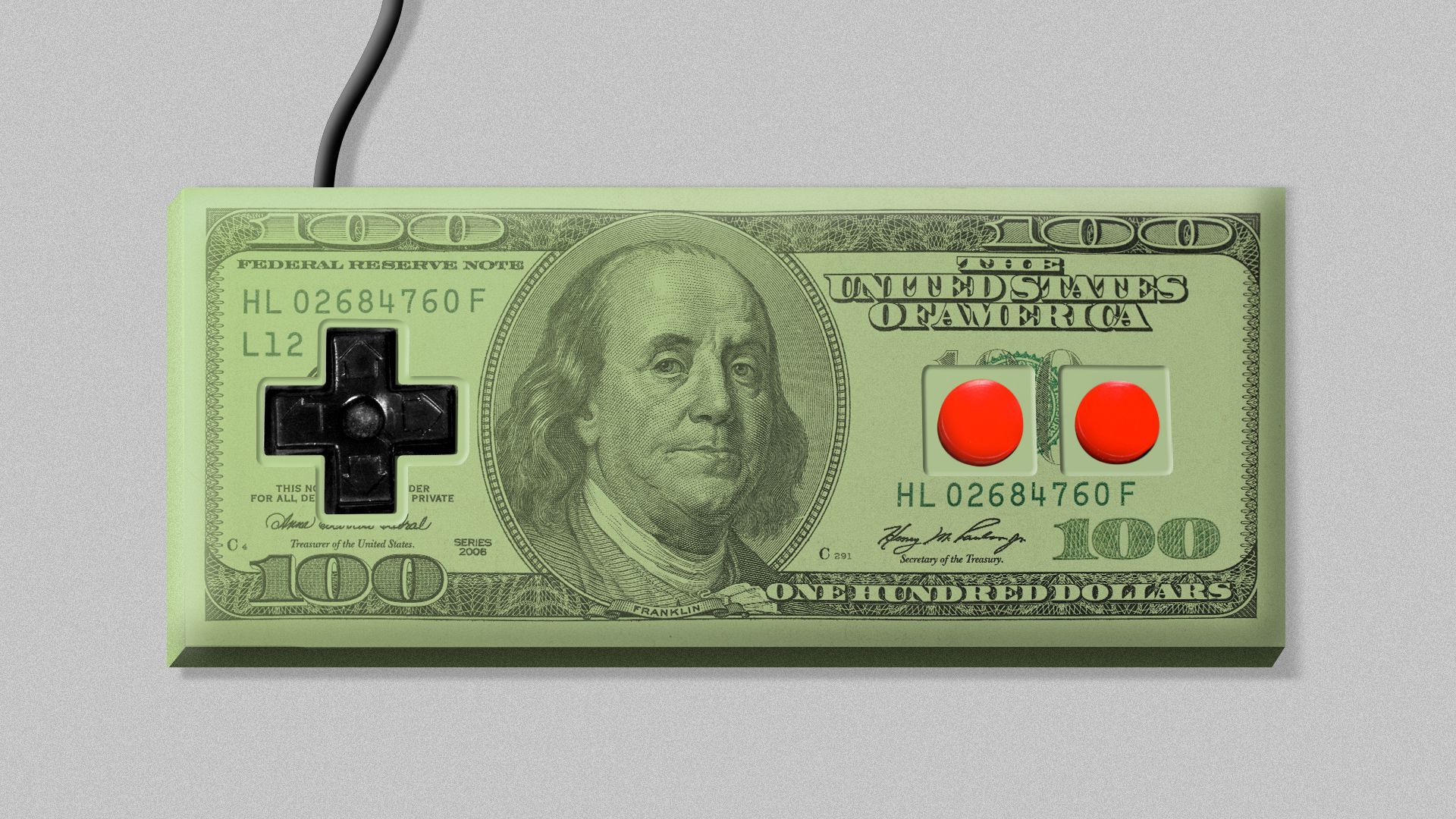 Illustration of a hundred dollar bill as a video game controller. 