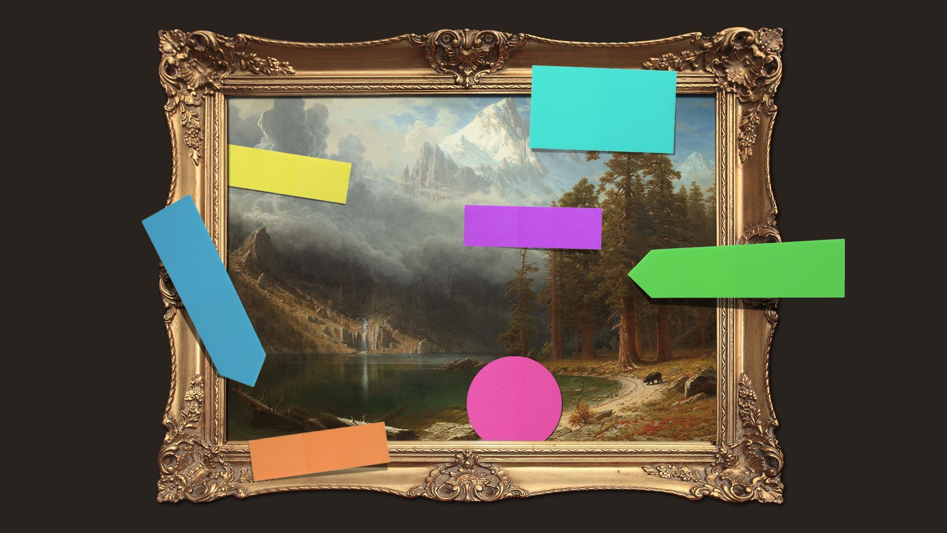 Illustration of a framed painting with sticky notes of different shapes and sizes all over it