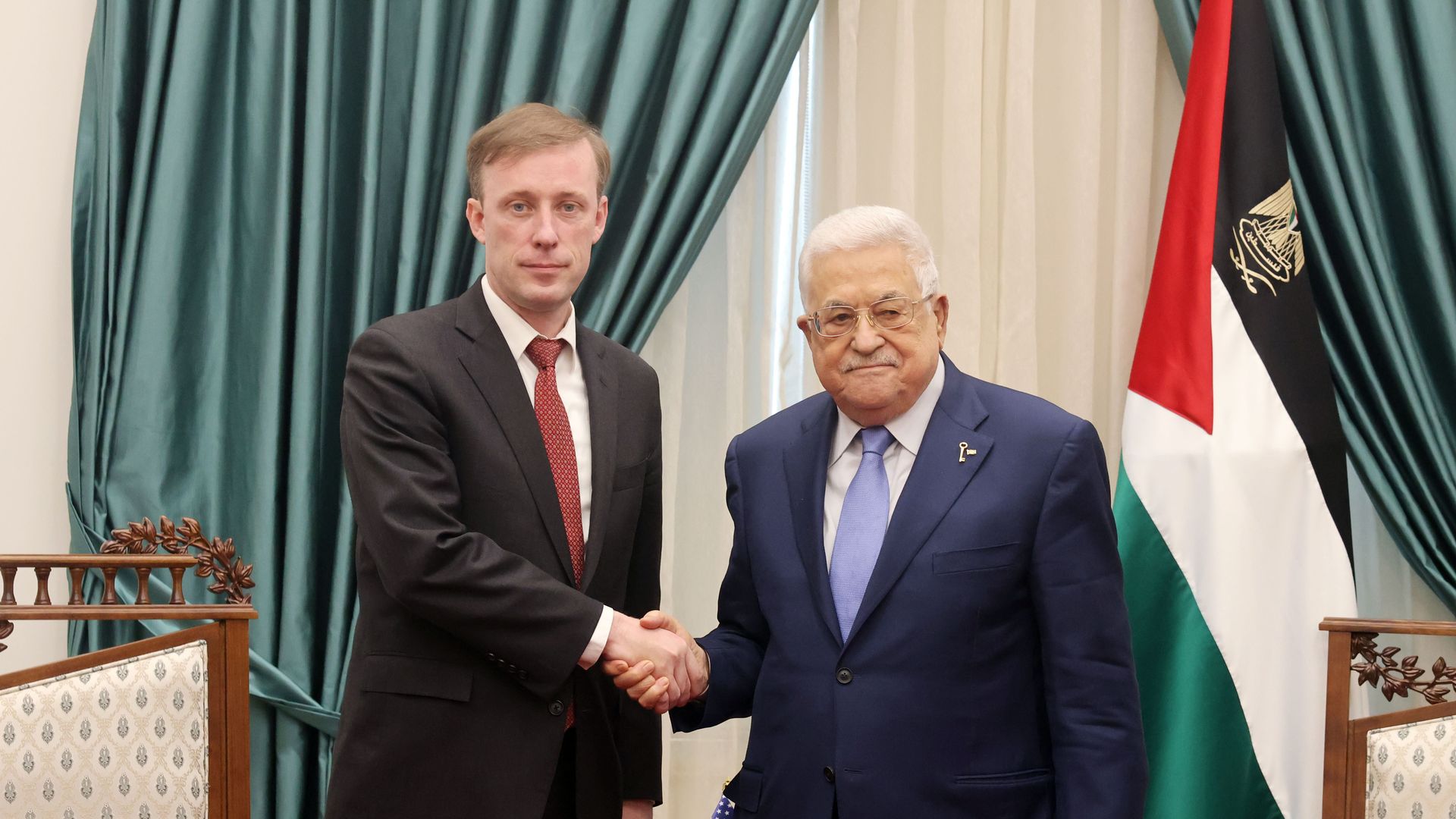 Palestinian President Mahmud Abbas (R) shake hands with the US National Security Advisor Jake Sullivan (L) during his official visit in Ramallah, West Bank on December 15, 2023. (Photo by Palestinian Presidency / Handout/Anadolu via Getty Images)
