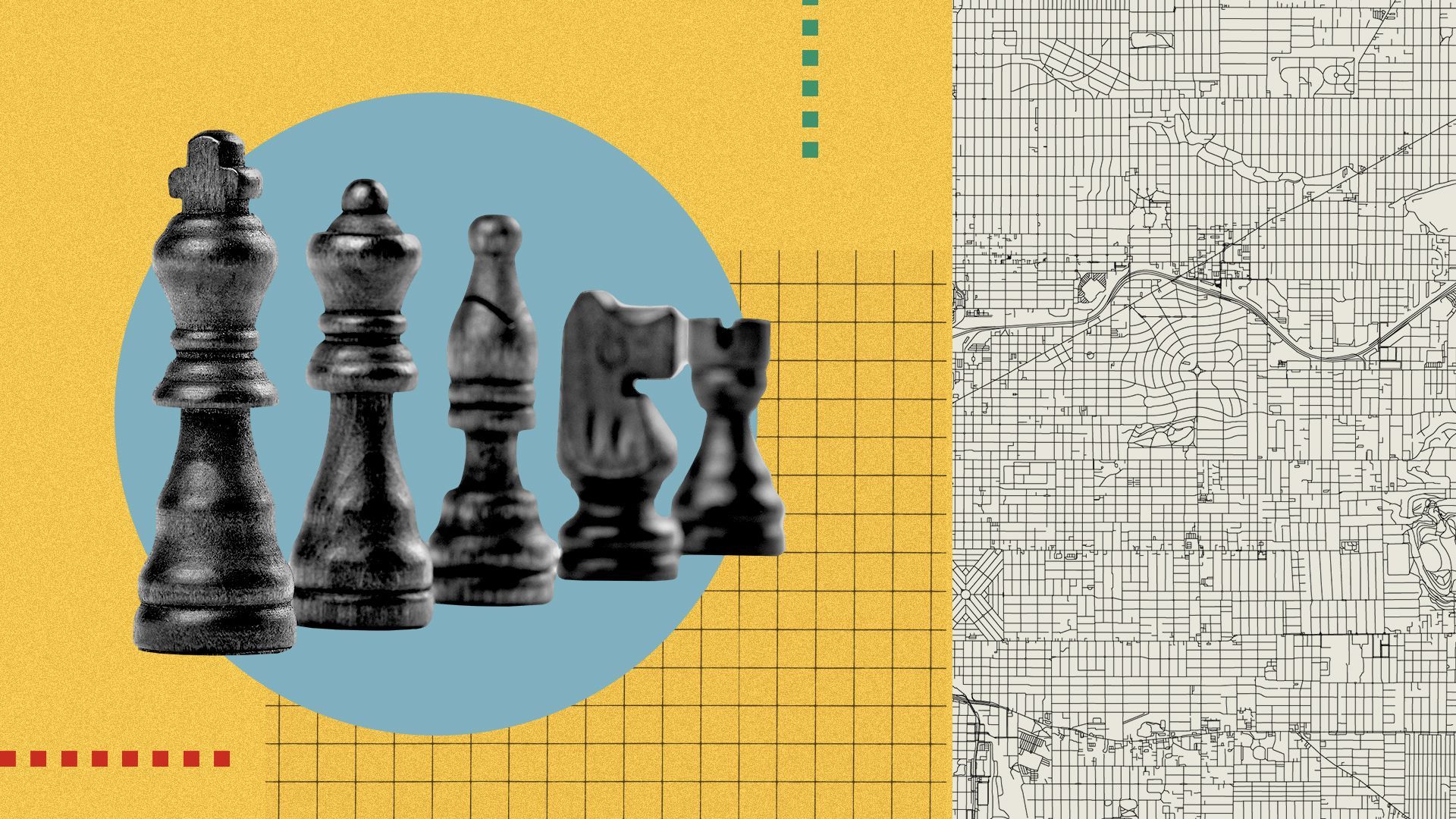 Photo illustration of chess pieces inside a circle with a grid and the map of Portland in the background.