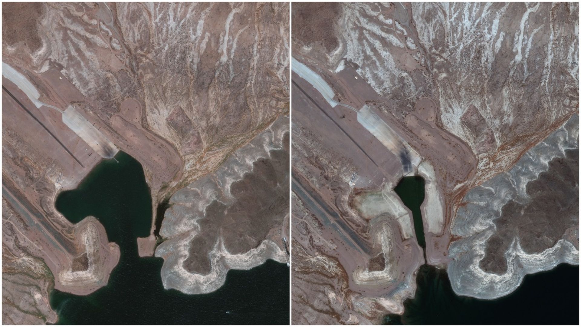 These images show the low water levels at the Boulder Harbor Launch Ramp at Lake Mead in Boulder City, Nevada.