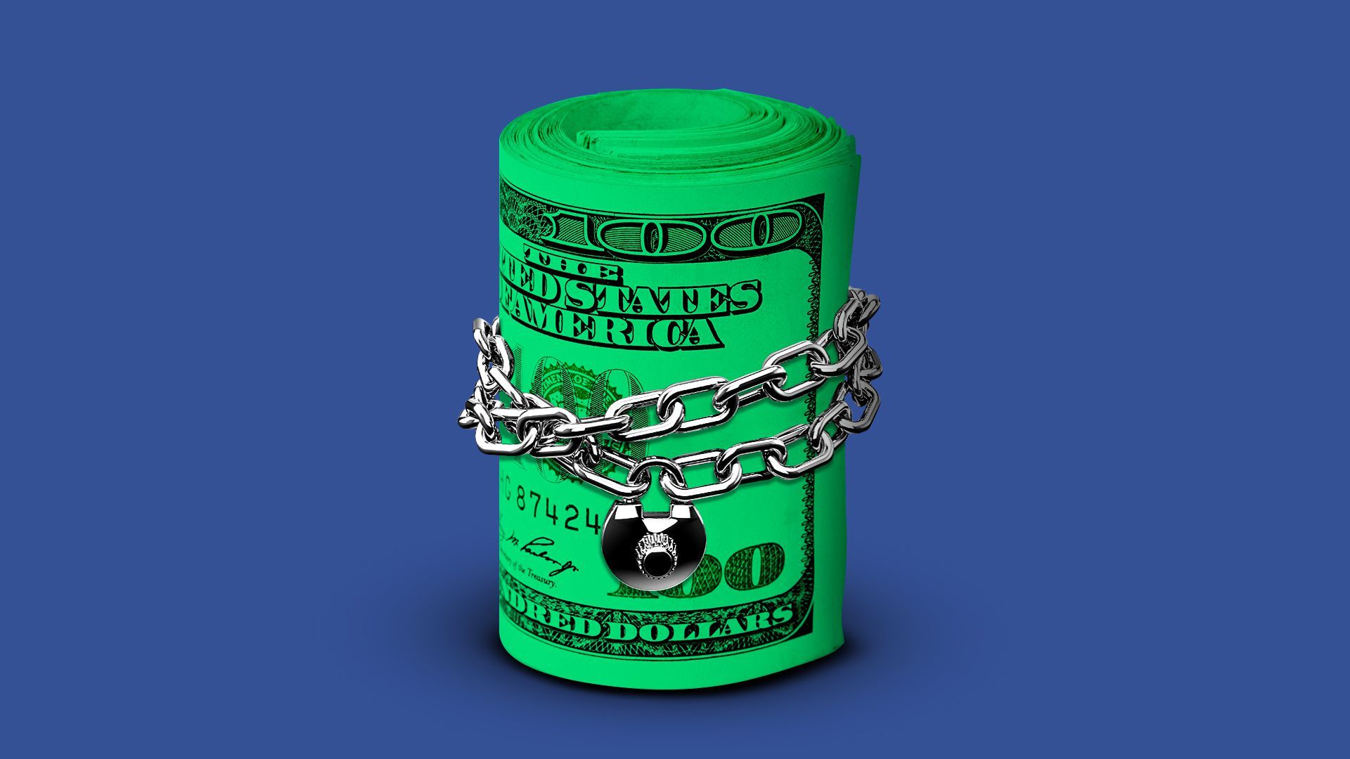 Illustration of money rolled up and locked with a chain and padlock.  