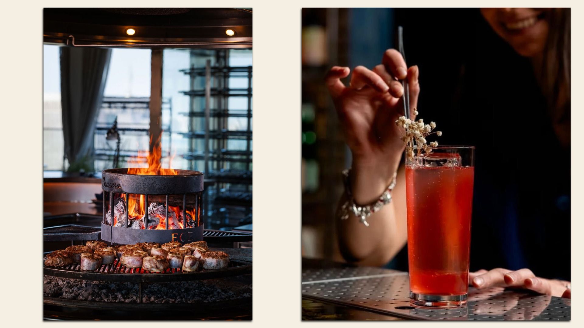 Left image shows meat grilling over an open flame in a circular metal firepit. Right image shows a hand with a bracelet garnishing a tall red drink with a small white flower on a bar counter.