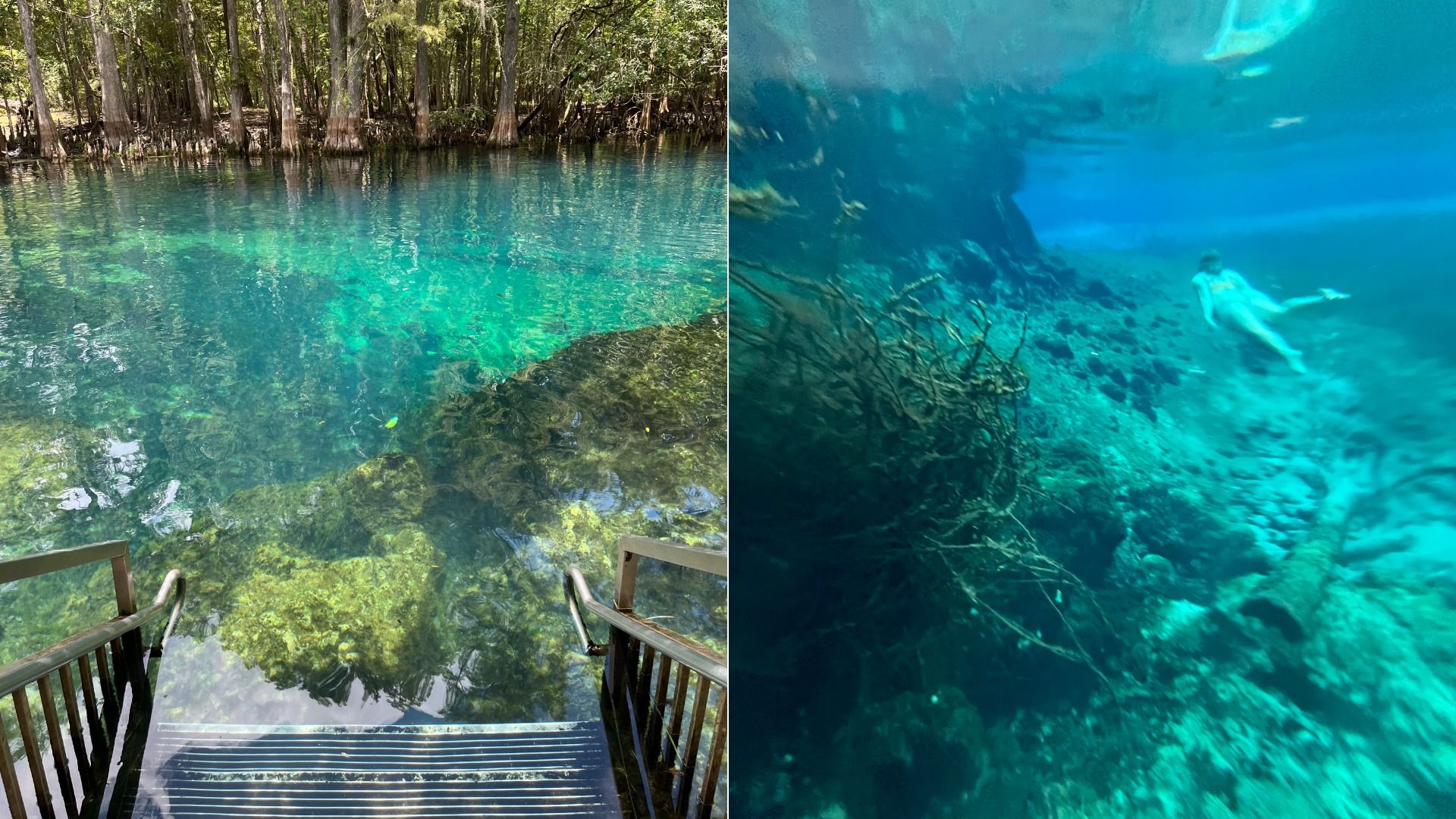 Split image showing a clear freshwater spring with stairs leading into turquoise water on the left, and a person snorkeling underwater over rocky terrain on the right.