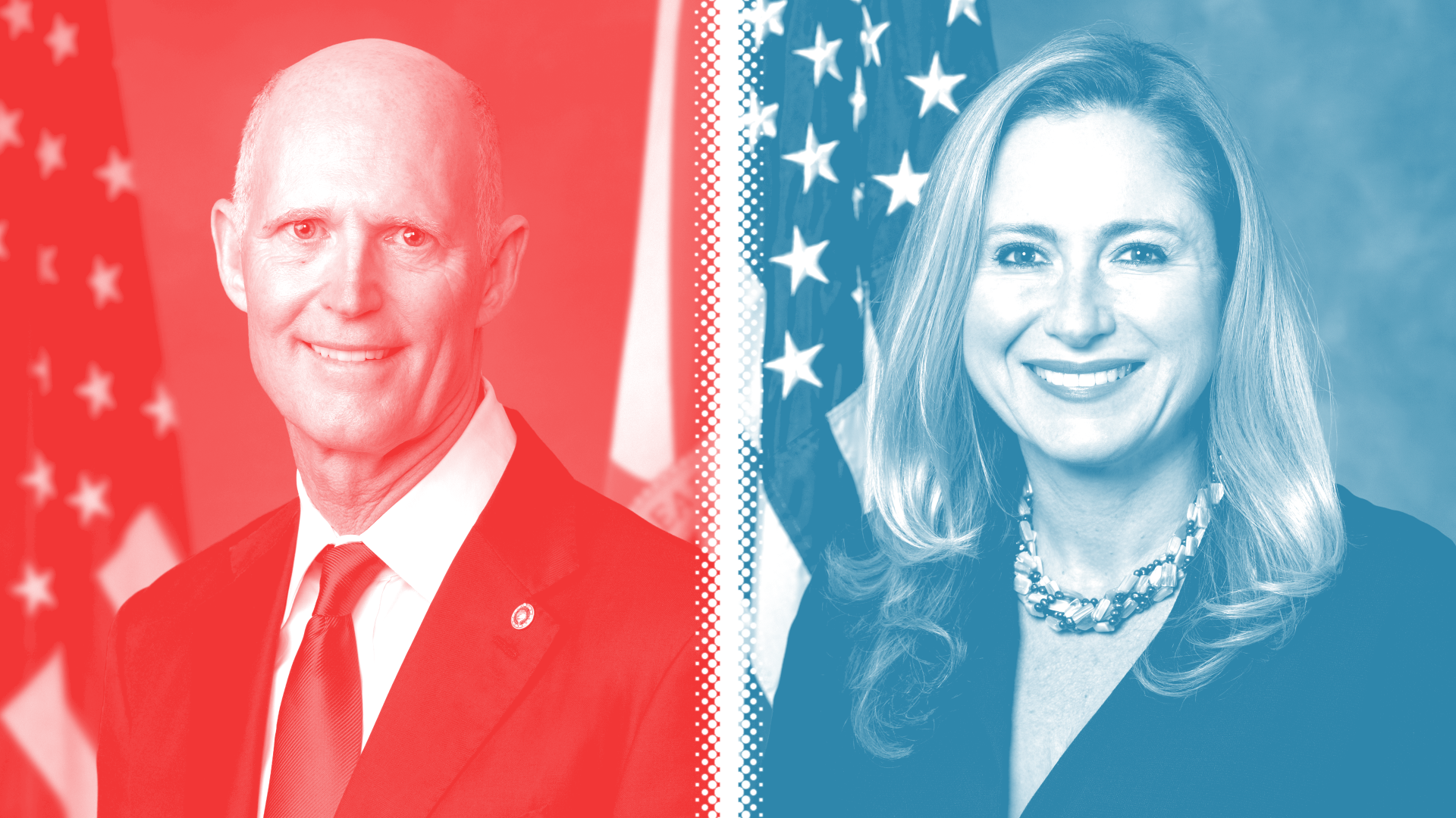 Side-by-side of Rick Scott (R) vs. Debbie Mucarsel Powell (D).