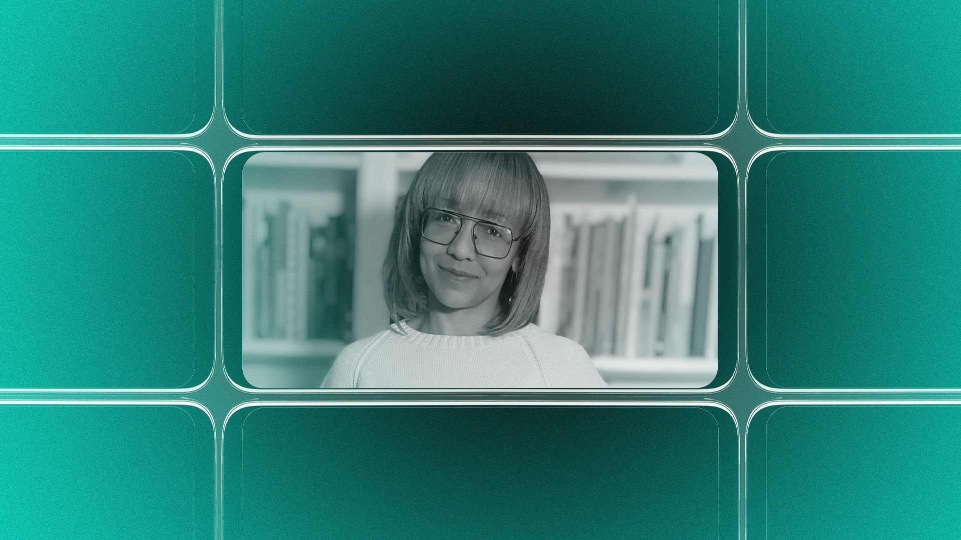 A photo of Karen Comer Lowe wearing glasses in front of book shelves, framed by a smartphone