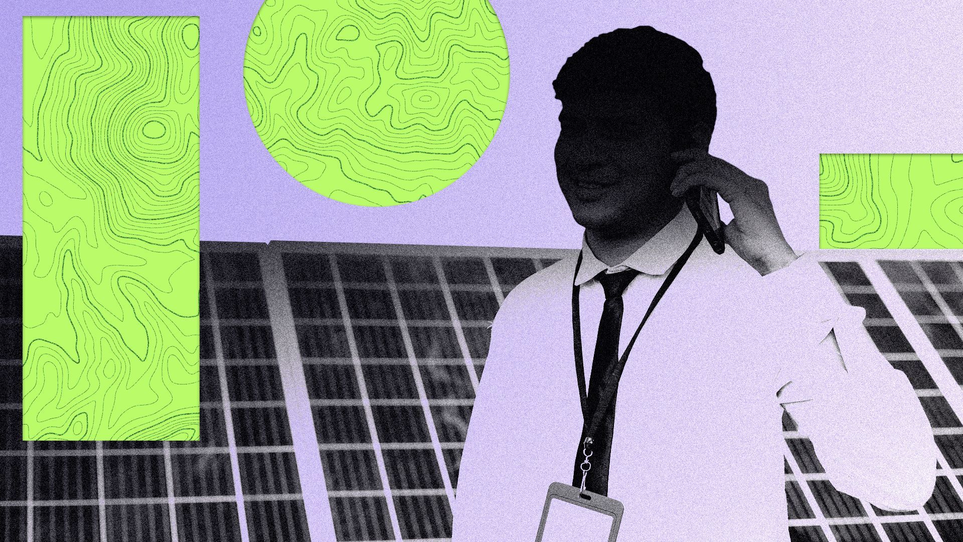 Illustration of a person dressed in a suit wearing a lanyard and speaking on a phone while standing in front of a row of solar panels. The figure is surrounded by graphic shapes filled with contour line patterns.