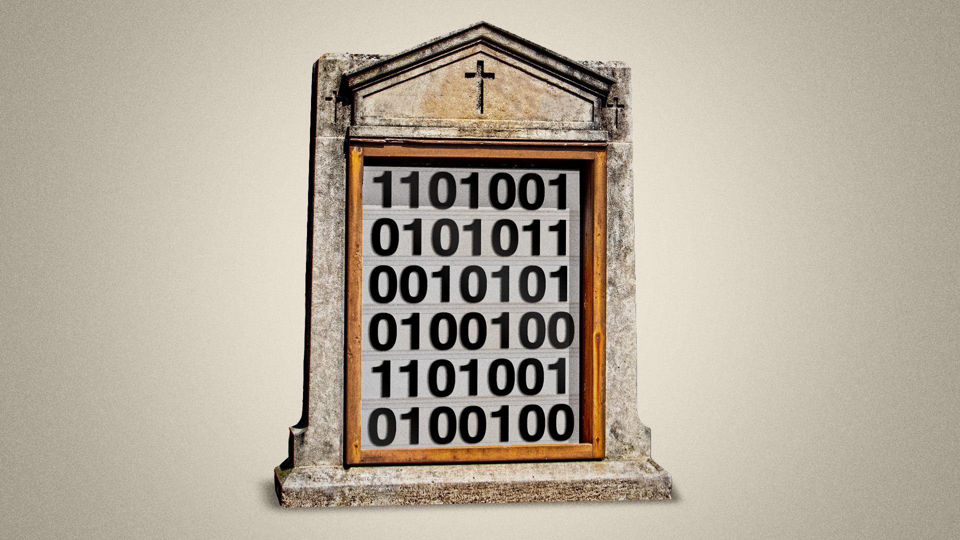 Illustration of a church sign but the words are binary code. 