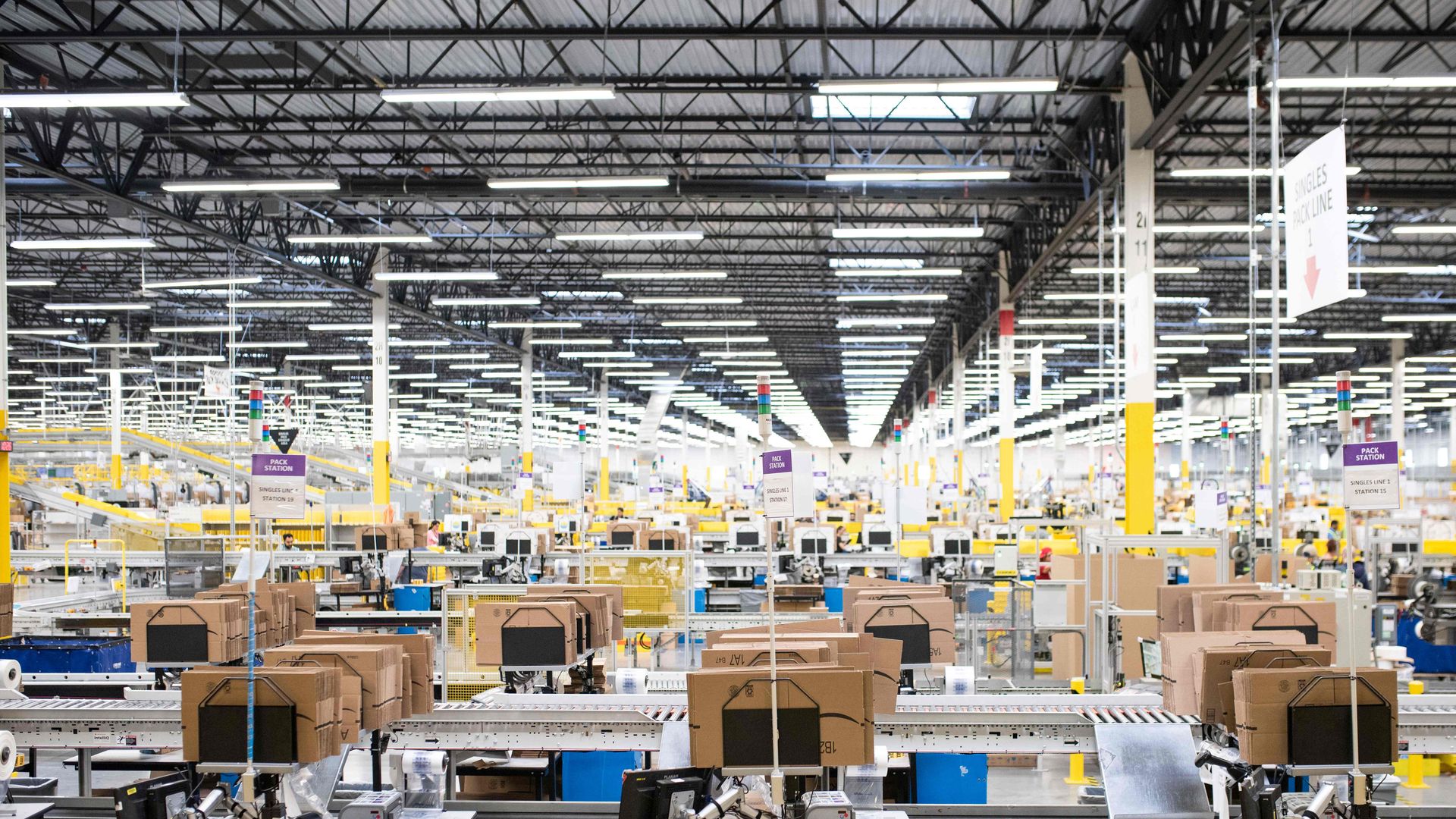 The pack mezzanine is seen during a tour of Amazon's Fulfillment Center, September 21, 2018 in Kent, Washington.