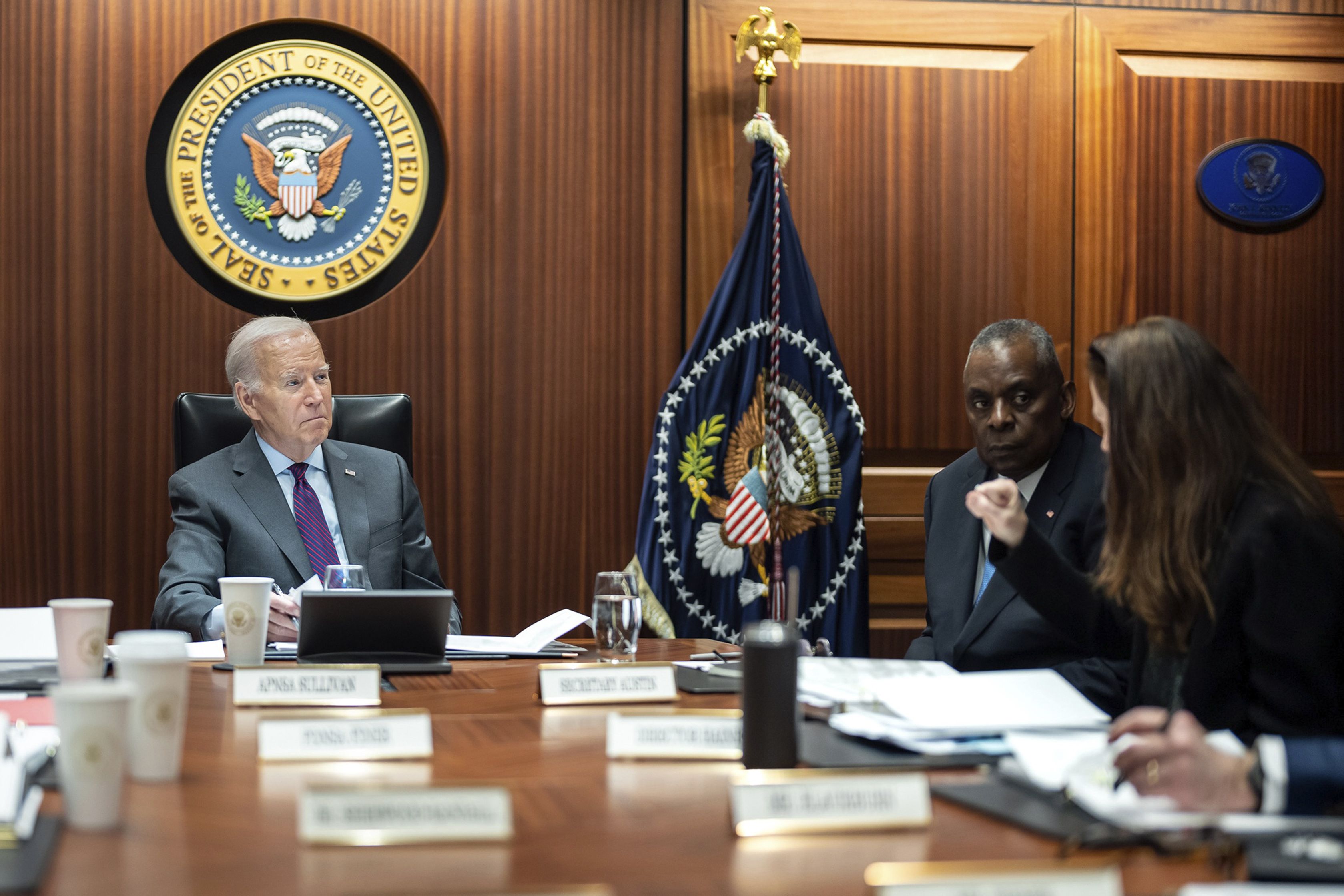 In this image provided by The White House, President Joe Biden receives the Presidential Daily Briefing, today.