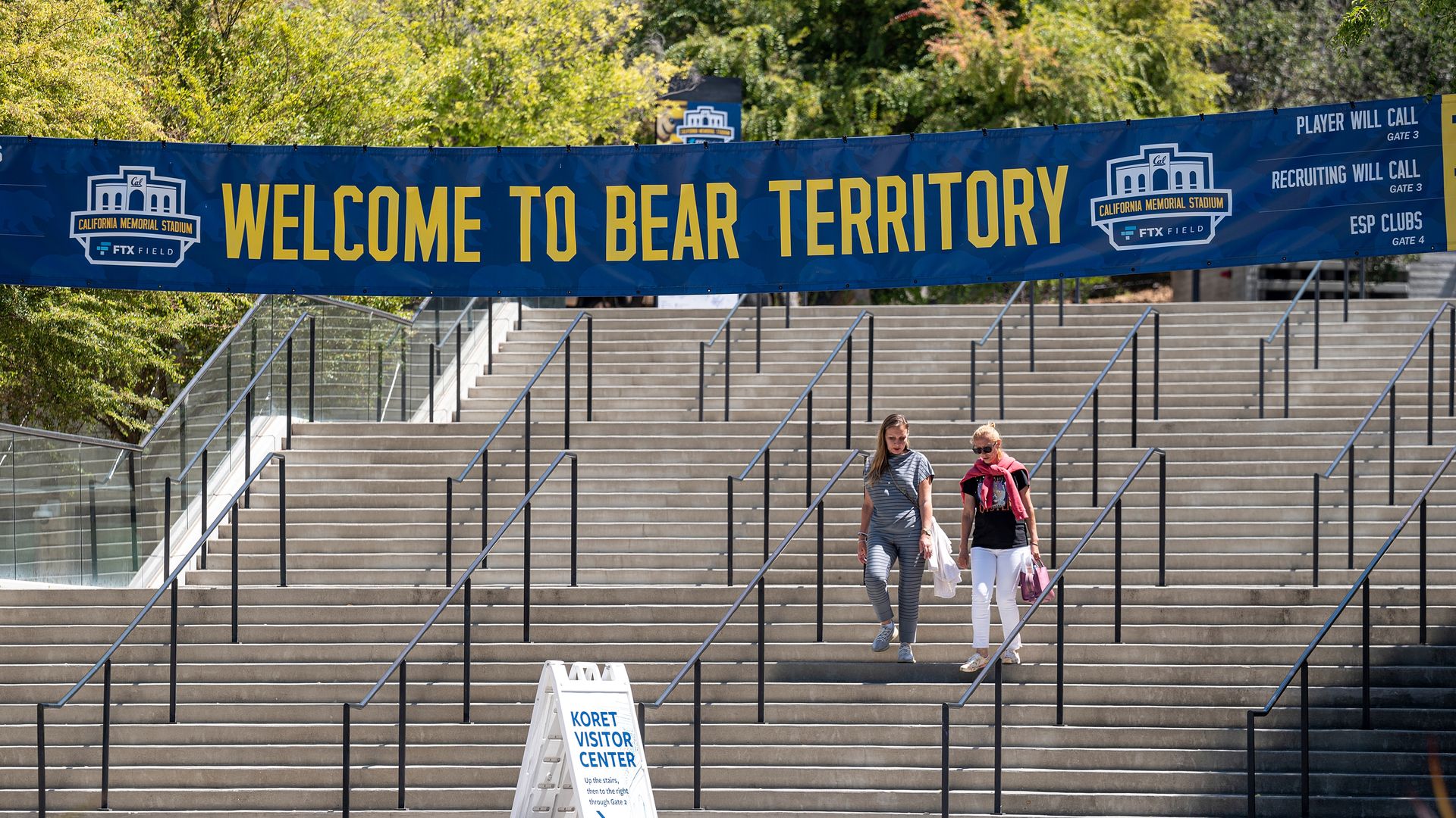 Photo of a blue "Welcome to Bear Territory" banner hanging over outdoor stairs